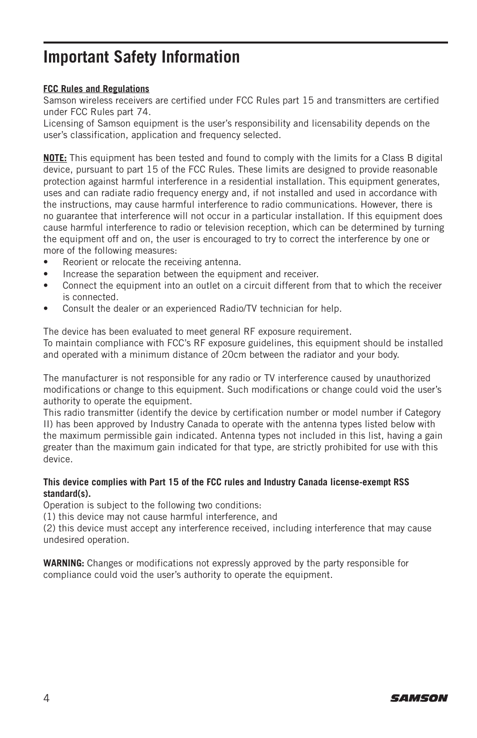 Important safety information | Samson Stage 412 Frequency-Agile Quad-Channel Handheld VHF Wireless System (173 to 198 MHz) User Manual | Page 4 / 16