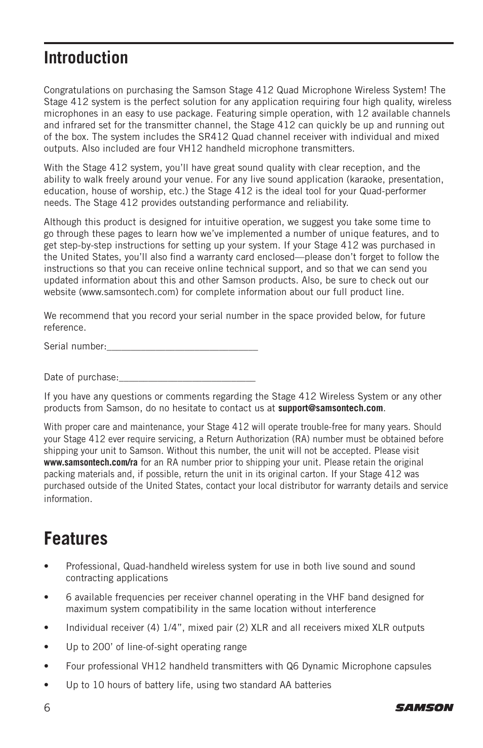 Features, Introduction | Samson Stage 412 Frequency-Agile Quad-Channel Handheld VHF Wireless System (173 to 198 MHz) User Manual | Page 6 / 16