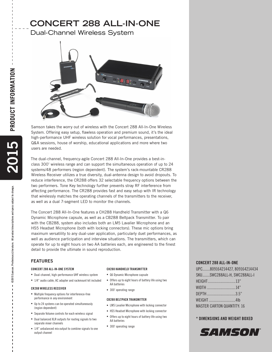 Samson Concert 288 All-In-One Dual-Channel Wireless System (I-Band, 518 to 566 MHz) User Manual | 1 page