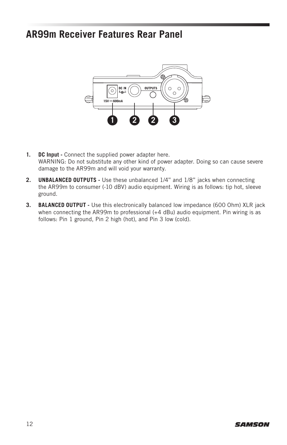 Ar99m receiver features rear panel | Samson AirLine AWXm Micro UHF Wind Instrument Wireless System (D: 542 to 566 MHz) User Manual | Page 12 / 68