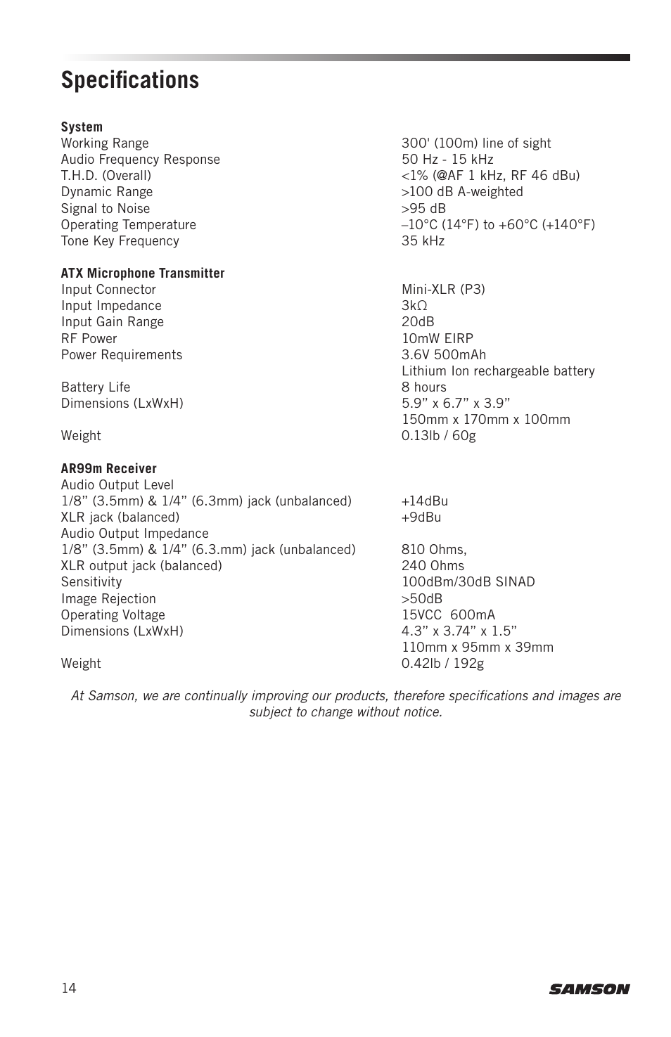 Specifications | Samson AirLine AWXm Micro UHF Wind Instrument Wireless System (D: 542 to 566 MHz) User Manual | Page 14 / 68