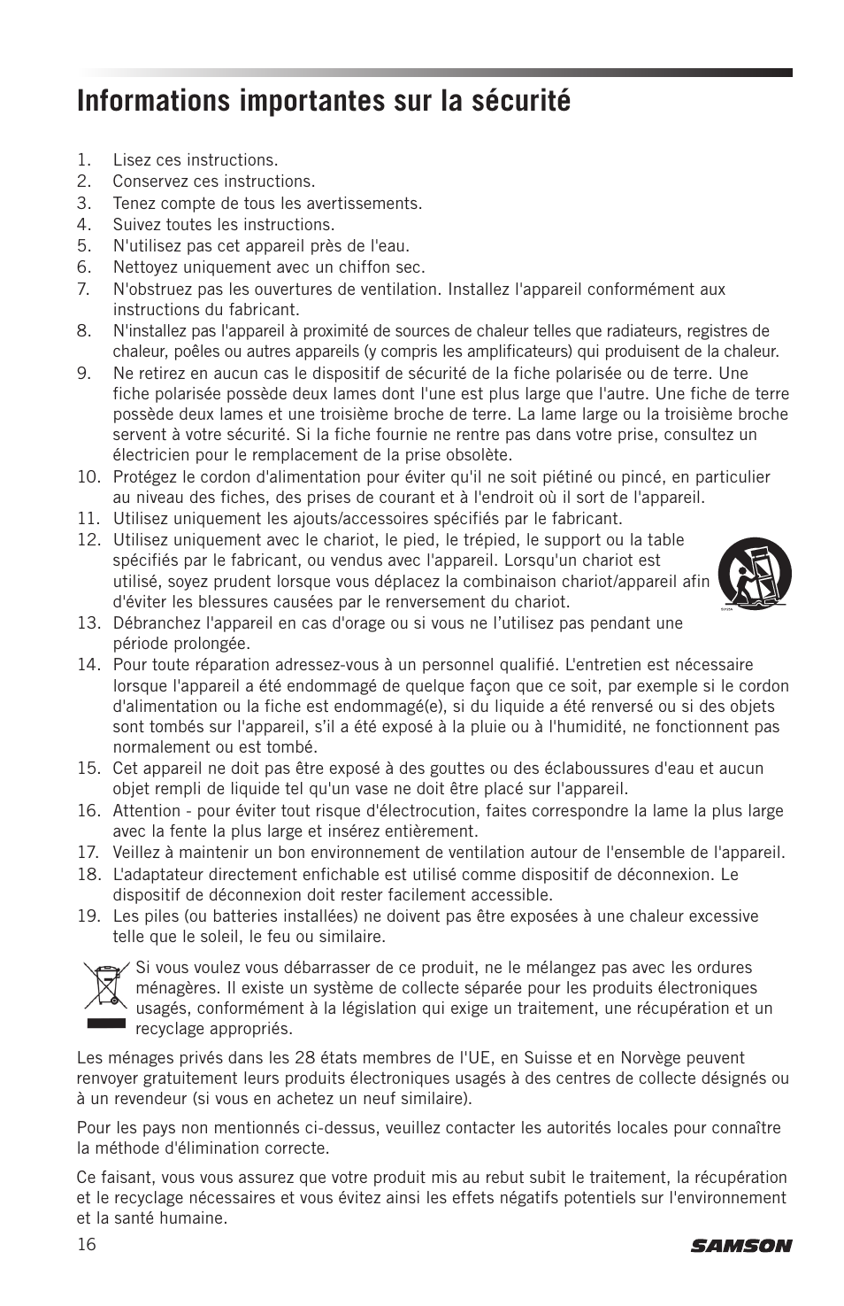 Informations importantes sur la sécurité | Samson AirLine AWXm Micro UHF Wind Instrument Wireless System (D: 542 to 566 MHz) User Manual | Page 16 / 68