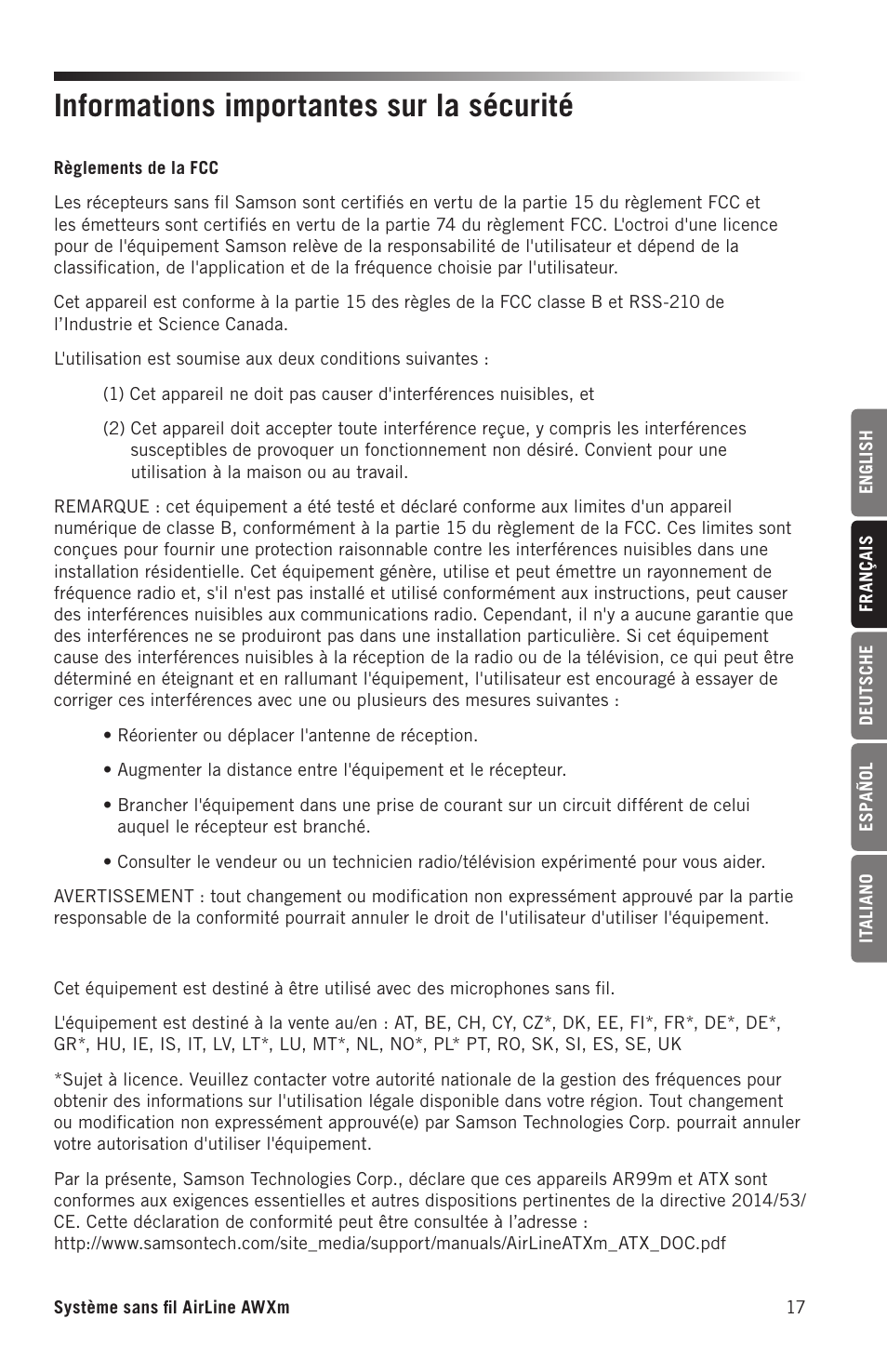 Informations importantes sur la sécurité | Samson AirLine AWXm Micro UHF Wind Instrument Wireless System (D: 542 to 566 MHz) User Manual | Page 17 / 68