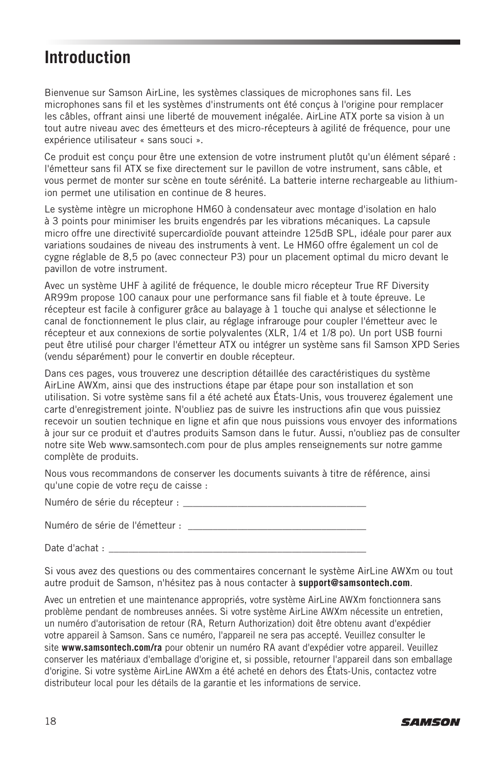 Introduction | Samson AirLine AWXm Micro UHF Wind Instrument Wireless System (D: 542 to 566 MHz) User Manual | Page 18 / 68