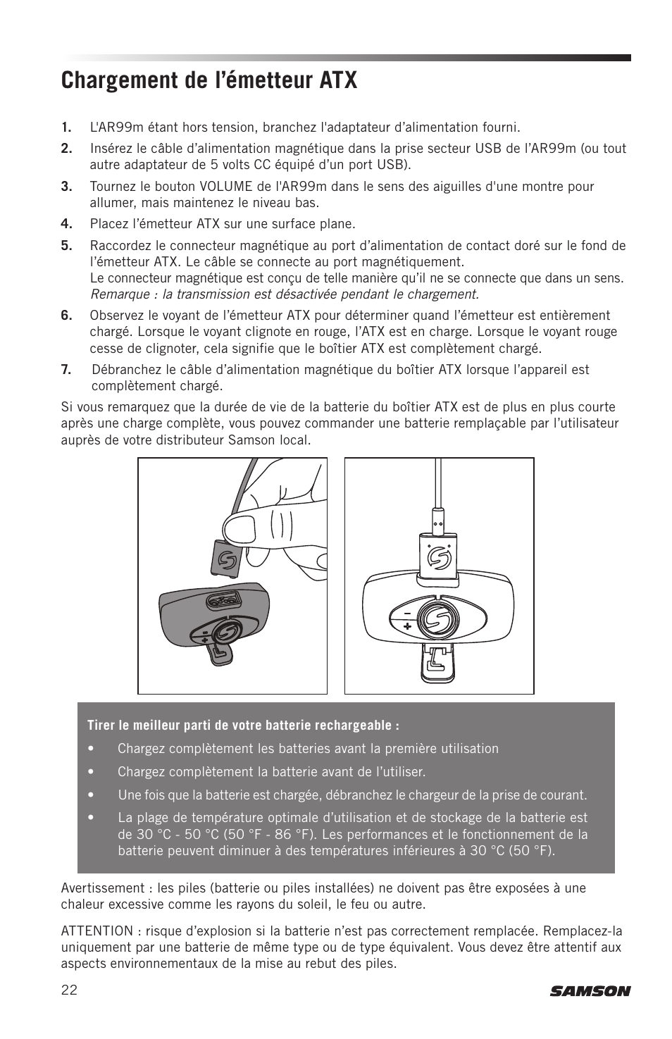 Chargement de l’émetteur atx | Samson AirLine AWXm Micro UHF Wind Instrument Wireless System (D: 542 to 566 MHz) User Manual | Page 22 / 68