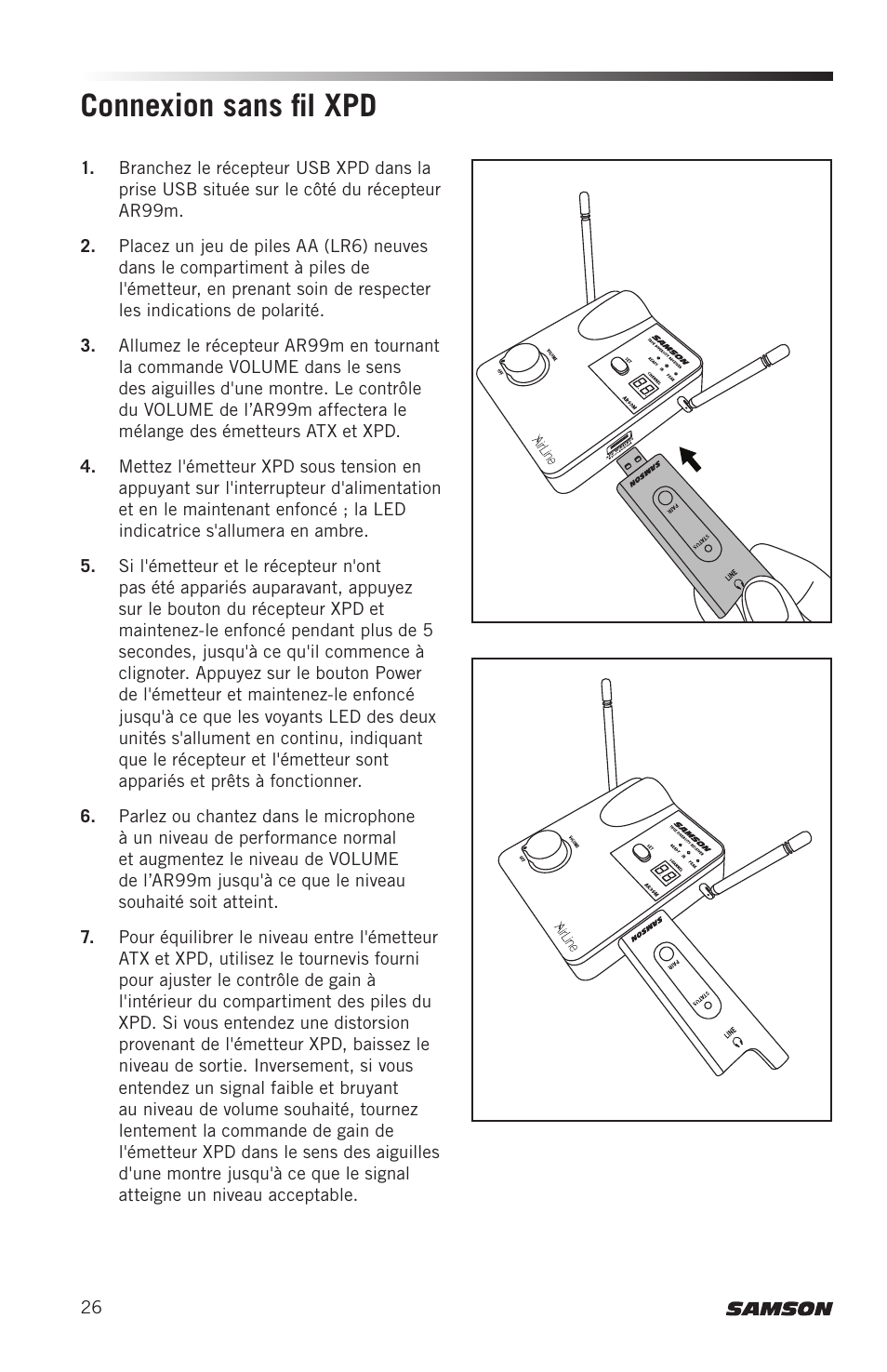 Connexion sans fil xpd | Samson AirLine AWXm Micro UHF Wind Instrument Wireless System (D: 542 to 566 MHz) User Manual | Page 26 / 68