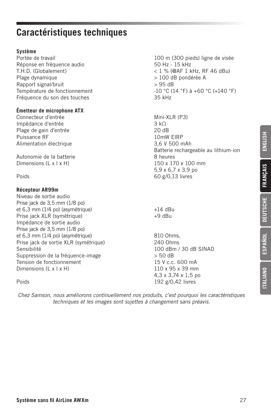 Caractéristiques techniques | Samson AirLine AWXm Micro UHF Wind Instrument Wireless System (D: 542 to 566 MHz) User Manual | Page 27 / 68