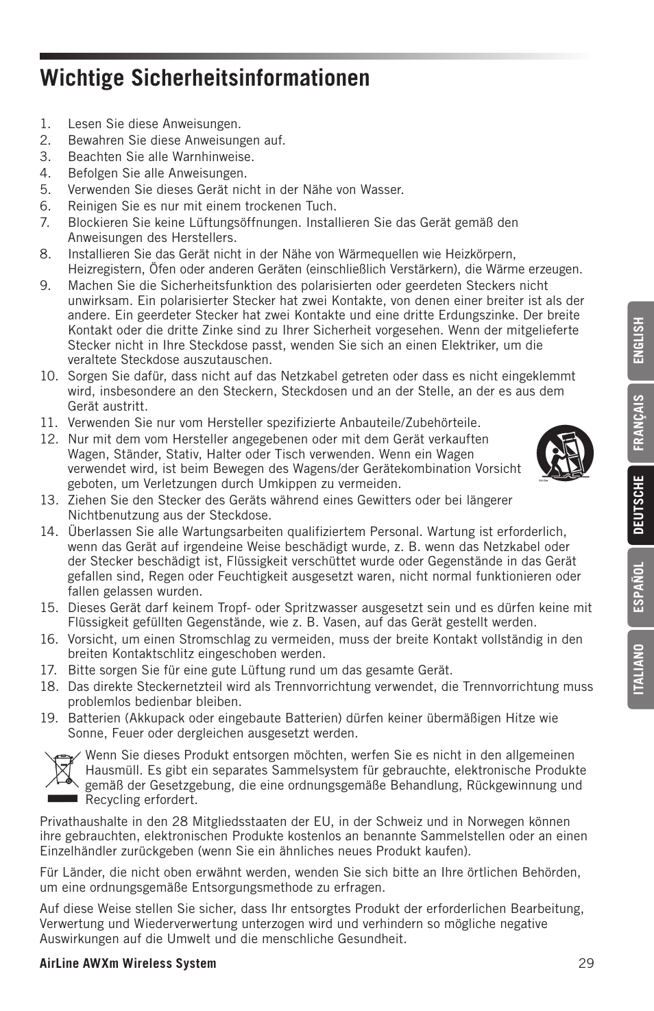 Wichtige sicherheitsinformationen | Samson AirLine AWXm Micro UHF Wind Instrument Wireless System (D: 542 to 566 MHz) User Manual | Page 29 / 68