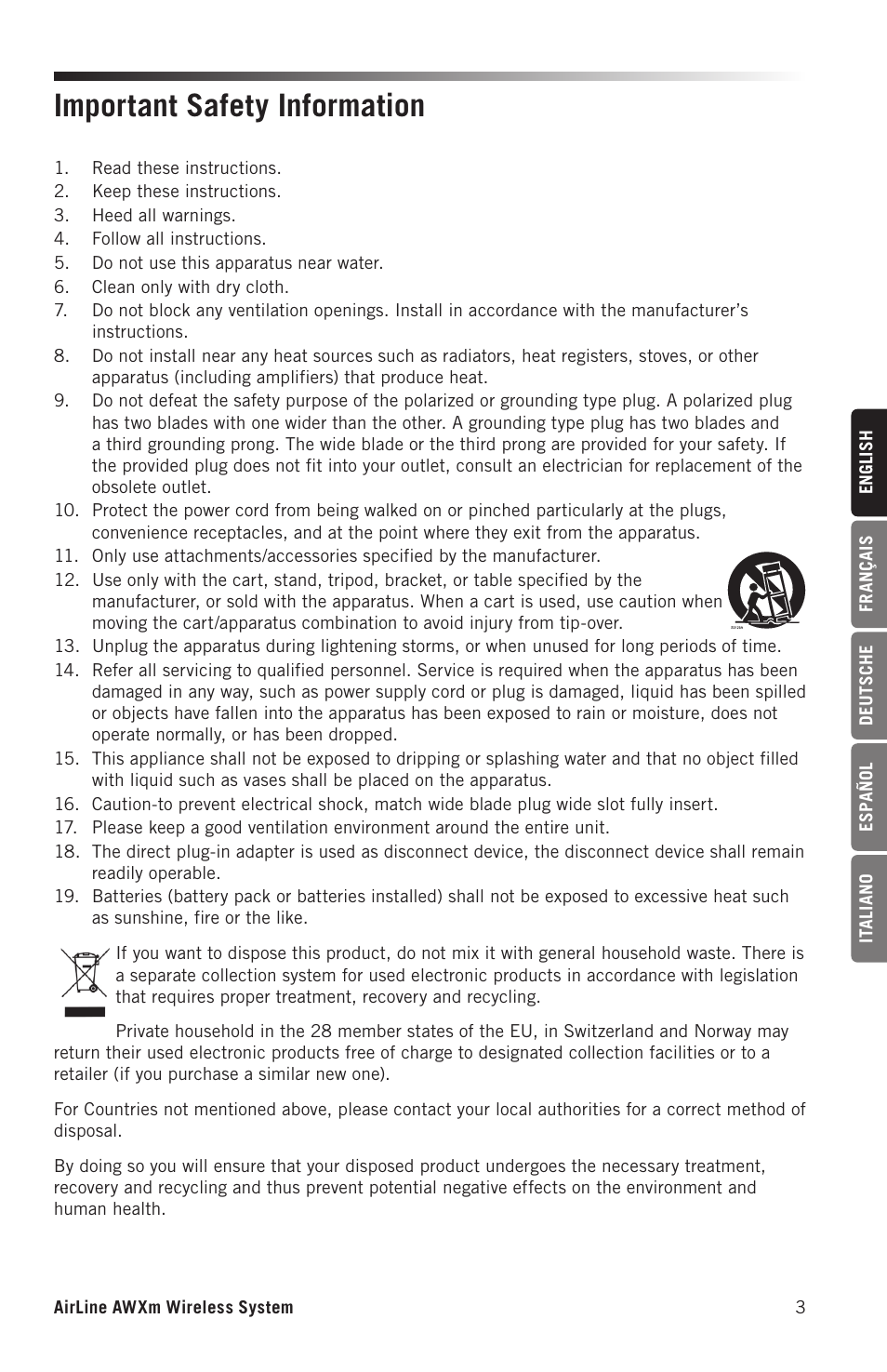 Important safety information | Samson AirLine AWXm Micro UHF Wind Instrument Wireless System (D: 542 to 566 MHz) User Manual | Page 3 / 68