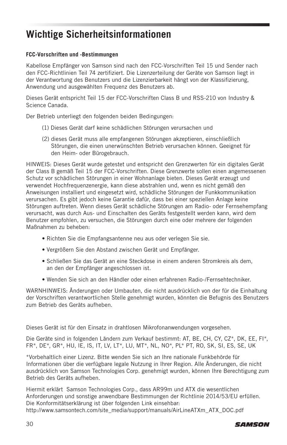 Wichtige sicherheitsinformationen | Samson AirLine AWXm Micro UHF Wind Instrument Wireless System (D: 542 to 566 MHz) User Manual | Page 30 / 68