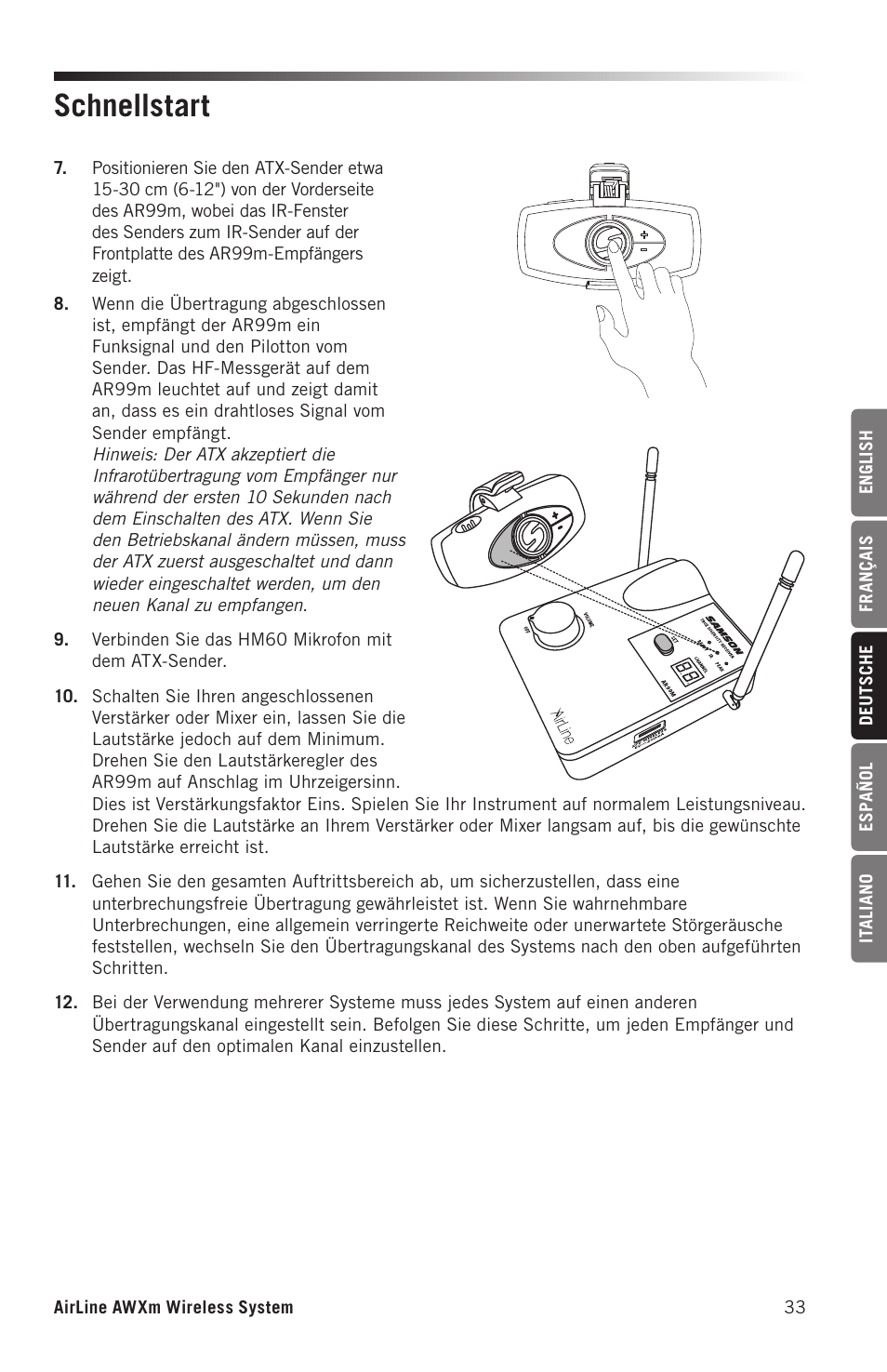 Schnellstart | Samson AirLine AWXm Micro UHF Wind Instrument Wireless System (D: 542 to 566 MHz) User Manual | Page 33 / 68