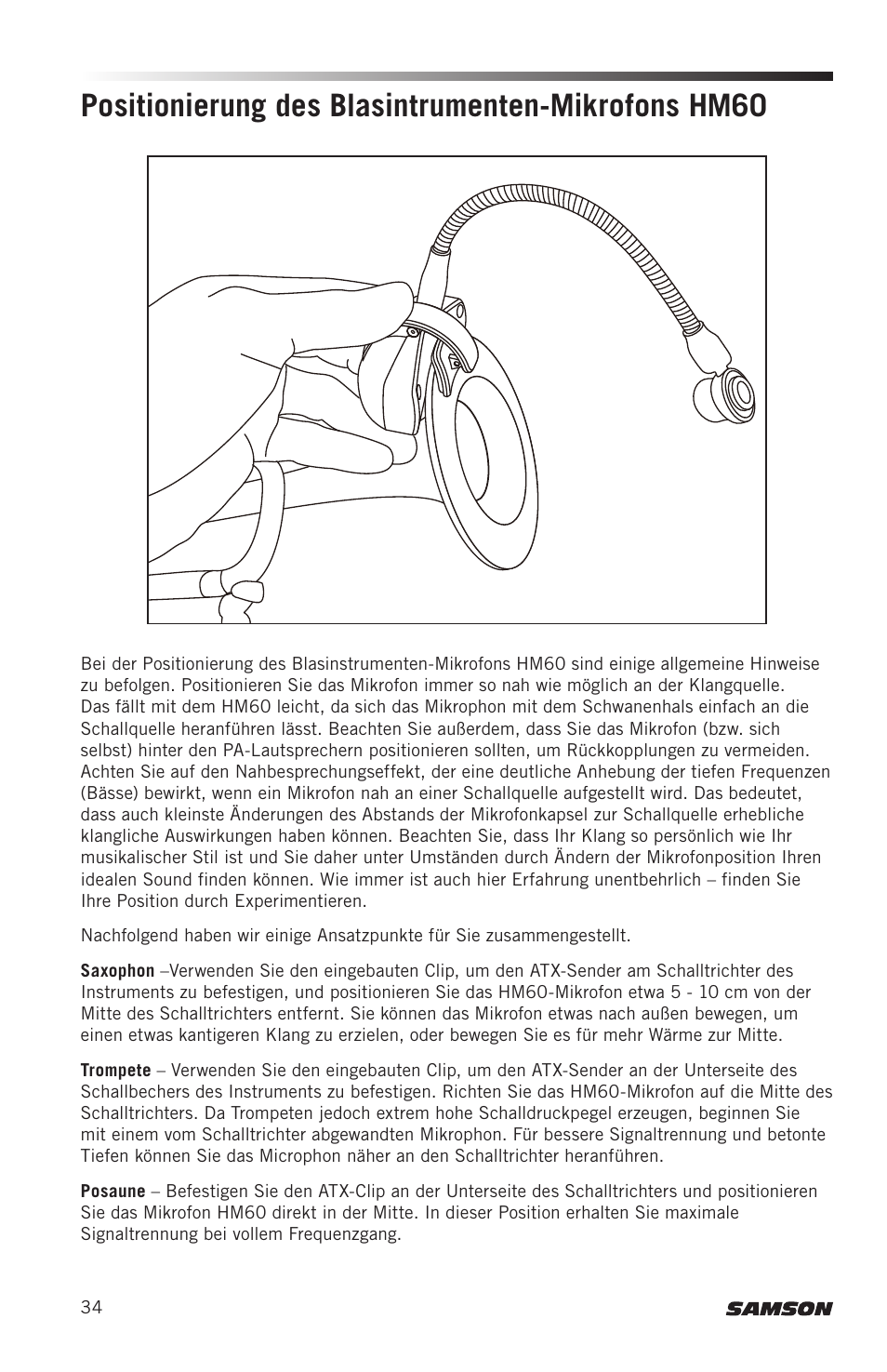 Positionierung des blasintrumenten-mikrofons hm60 | Samson AirLine AWXm Micro UHF Wind Instrument Wireless System (D: 542 to 566 MHz) User Manual | Page 34 / 68