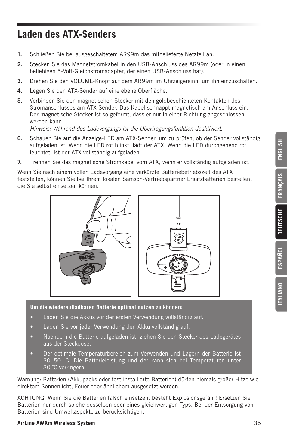 Laden des atx-senders | Samson AirLine AWXm Micro UHF Wind Instrument Wireless System (D: 542 to 566 MHz) User Manual | Page 35 / 68