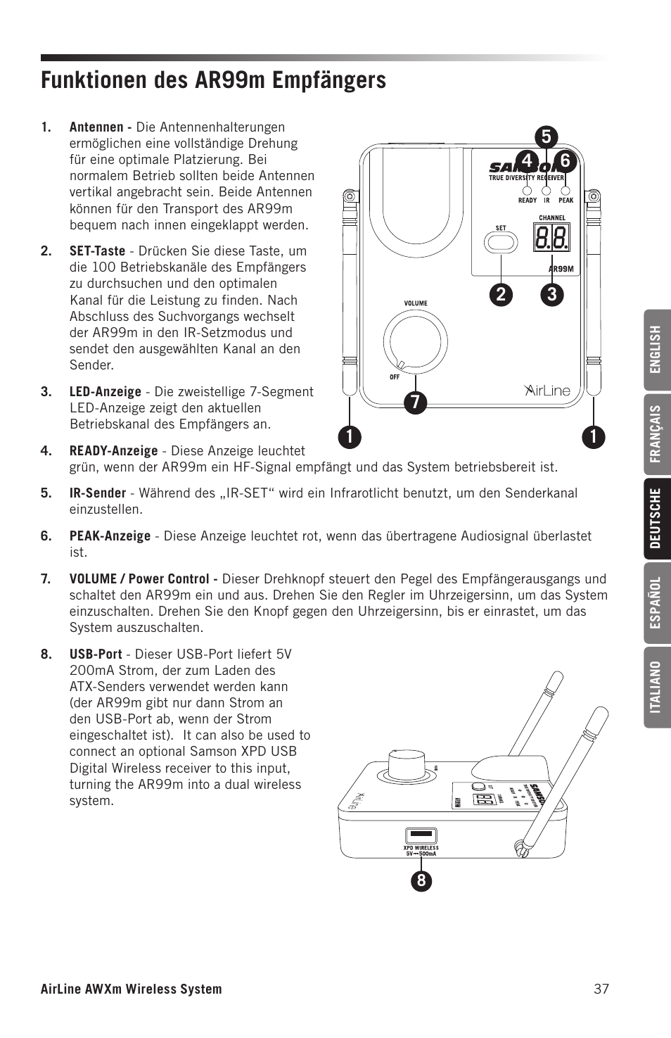 Funktionen des ar99m empfängers | Samson AirLine AWXm Micro UHF Wind Instrument Wireless System (D: 542 to 566 MHz) User Manual | Page 37 / 68