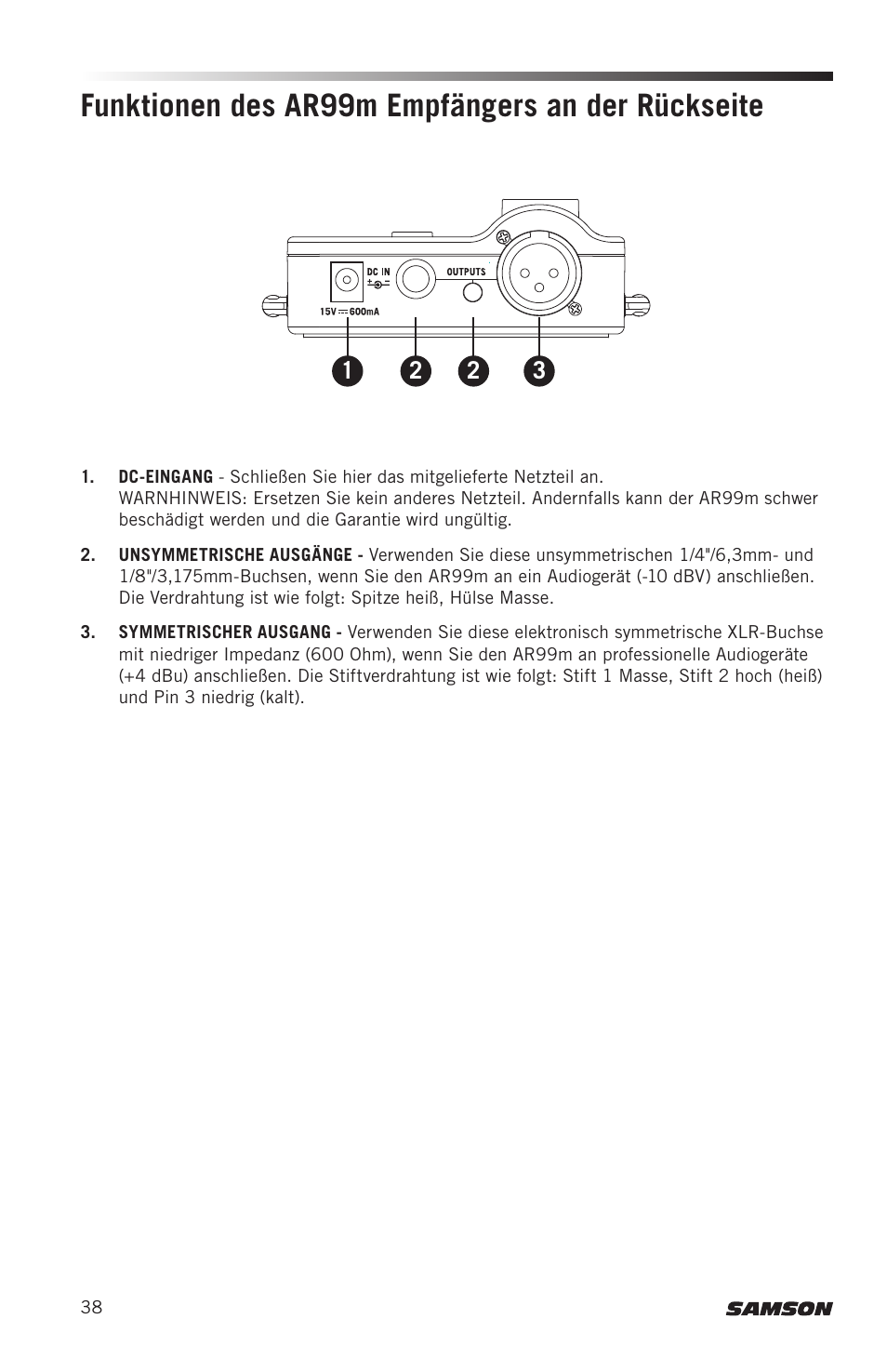 Funktionen des ar99m empfängers an der rückseite | Samson AirLine AWXm Micro UHF Wind Instrument Wireless System (D: 542 to 566 MHz) User Manual | Page 38 / 68