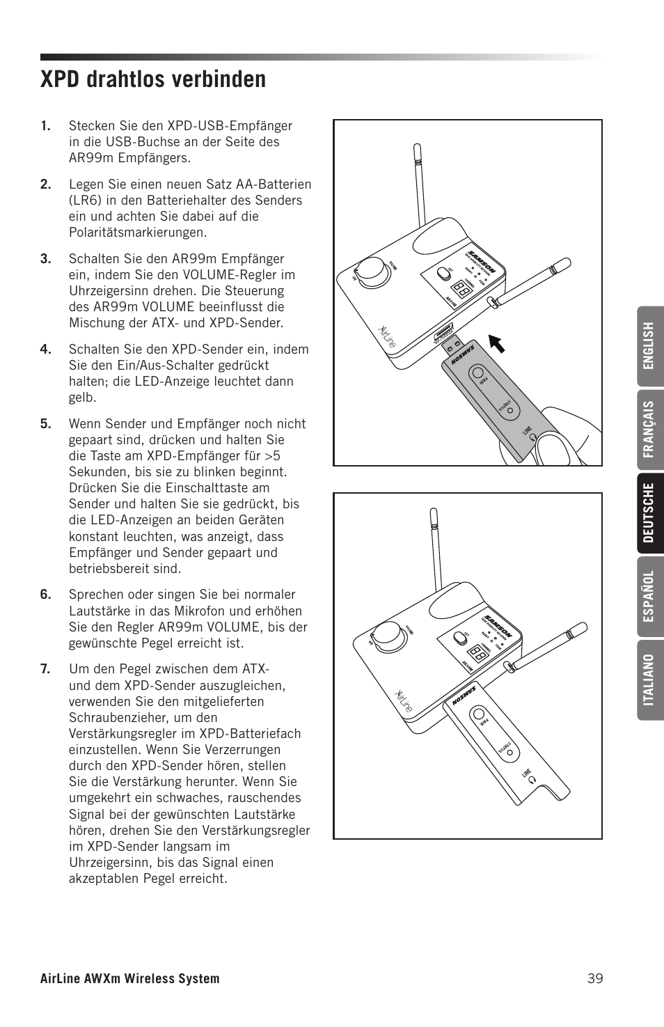 Xpd drahtlos verbinden | Samson AirLine AWXm Micro UHF Wind Instrument Wireless System (D: 542 to 566 MHz) User Manual | Page 39 / 68