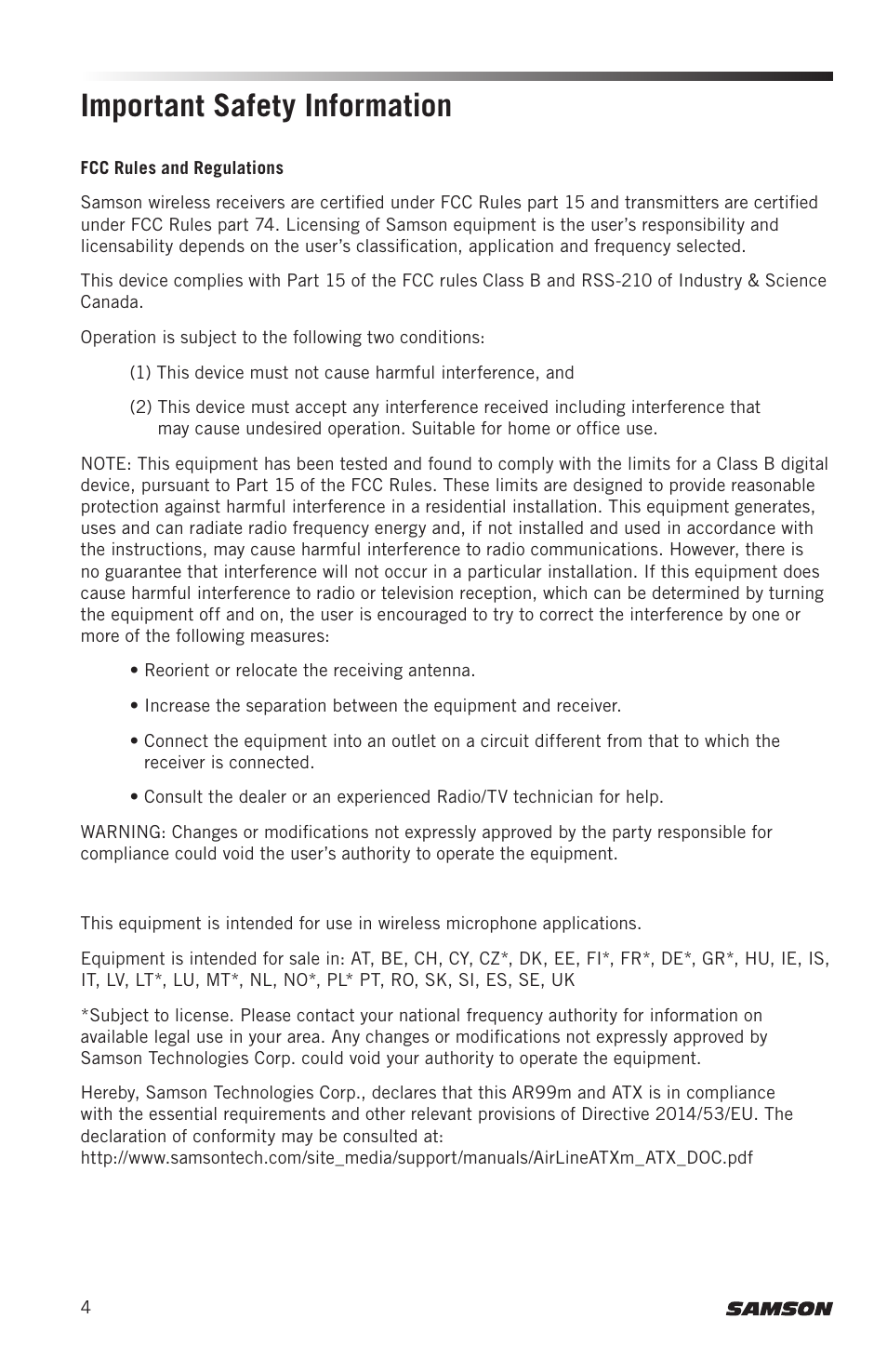 Important safety information | Samson AirLine AWXm Micro UHF Wind Instrument Wireless System (D: 542 to 566 MHz) User Manual | Page 4 / 68