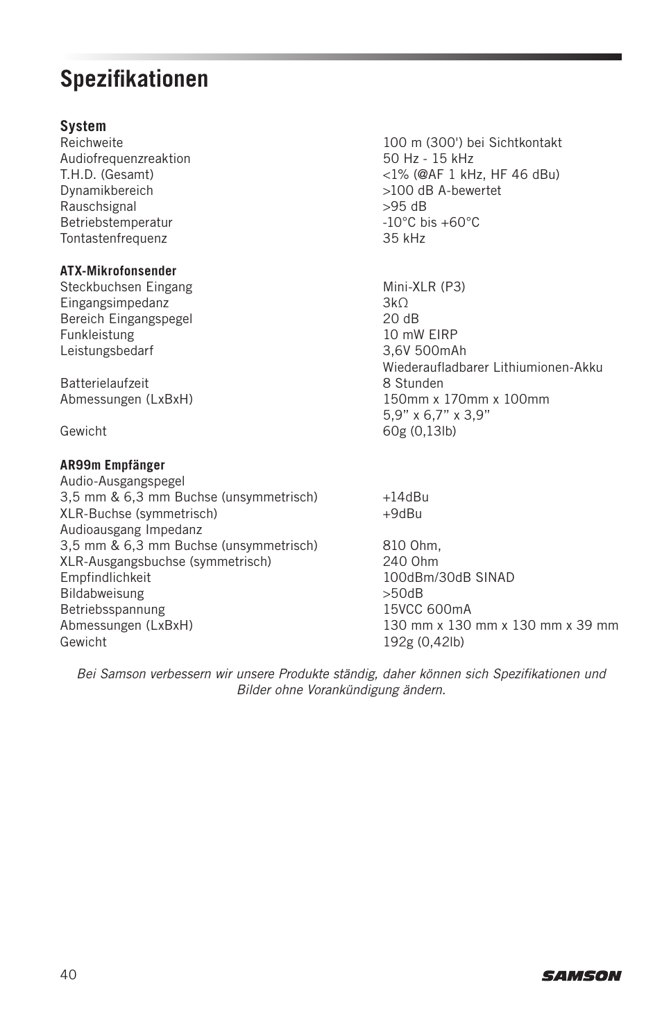 Spezifikationen | Samson AirLine AWXm Micro UHF Wind Instrument Wireless System (D: 542 to 566 MHz) User Manual | Page 40 / 68