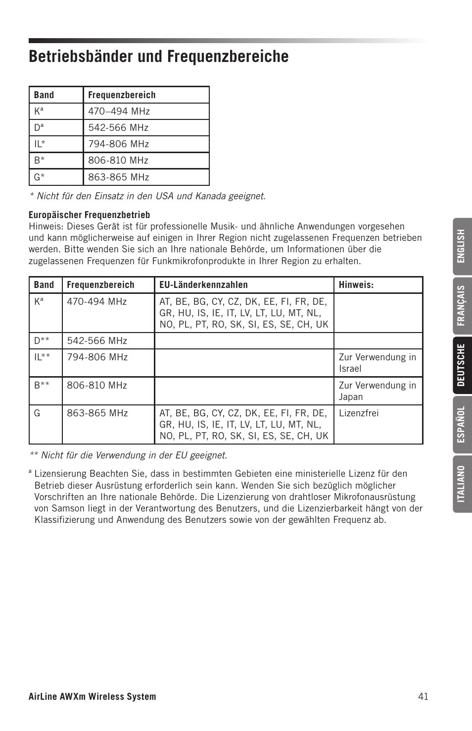 Betriebsbänder und frequenzbereiche | Samson AirLine AWXm Micro UHF Wind Instrument Wireless System (D: 542 to 566 MHz) User Manual | Page 41 / 68