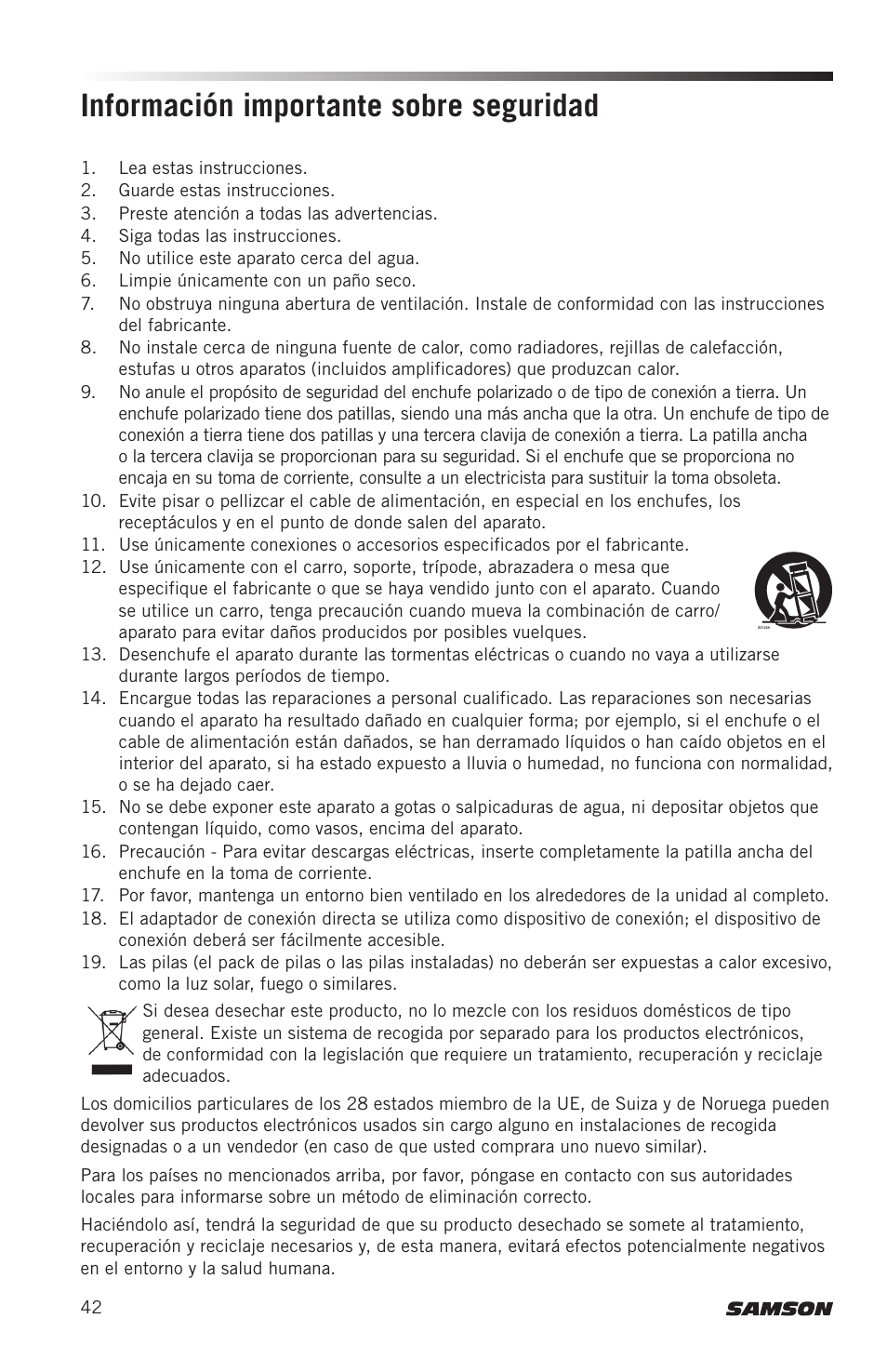 Información importante sobre seguridad | Samson AirLine AWXm Micro UHF Wind Instrument Wireless System (D: 542 to 566 MHz) User Manual | Page 42 / 68