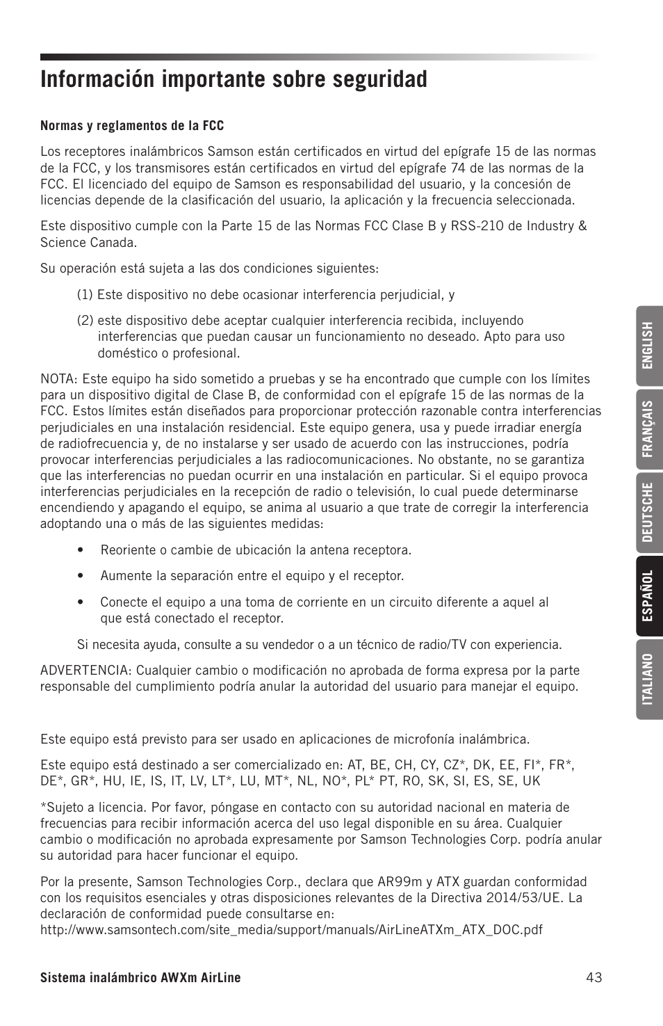 Información importante sobre seguridad | Samson AirLine AWXm Micro UHF Wind Instrument Wireless System (D: 542 to 566 MHz) User Manual | Page 43 / 68