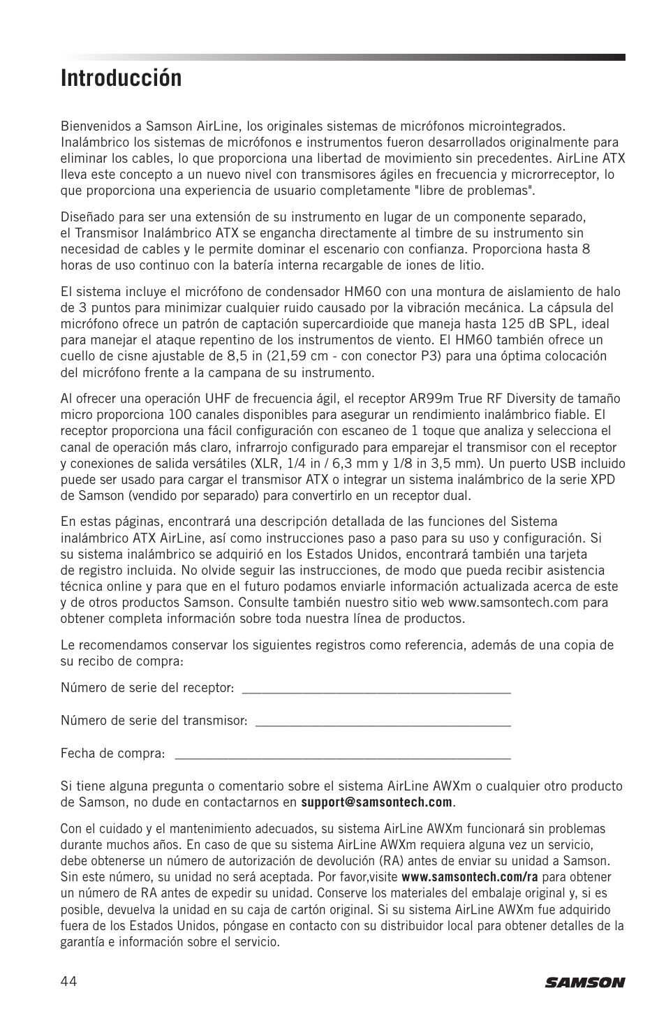 Introducción | Samson AirLine AWXm Micro UHF Wind Instrument Wireless System (D: 542 to 566 MHz) User Manual | Page 44 / 68