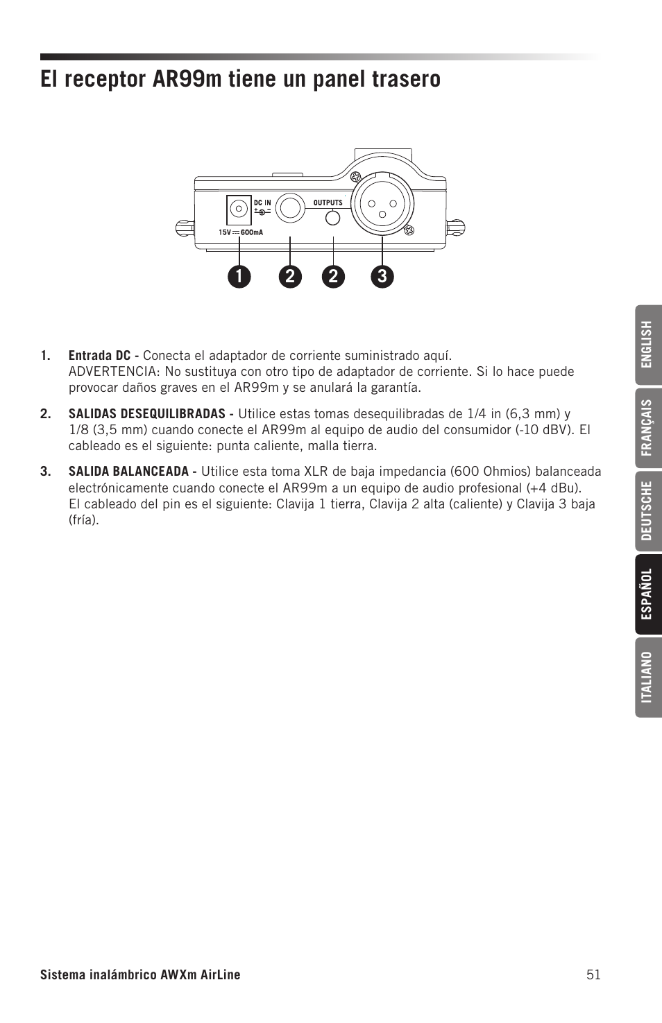 El receptor ar99m tiene un panel trasero | Samson AirLine AWXm Micro UHF Wind Instrument Wireless System (D: 542 to 566 MHz) User Manual | Page 51 / 68