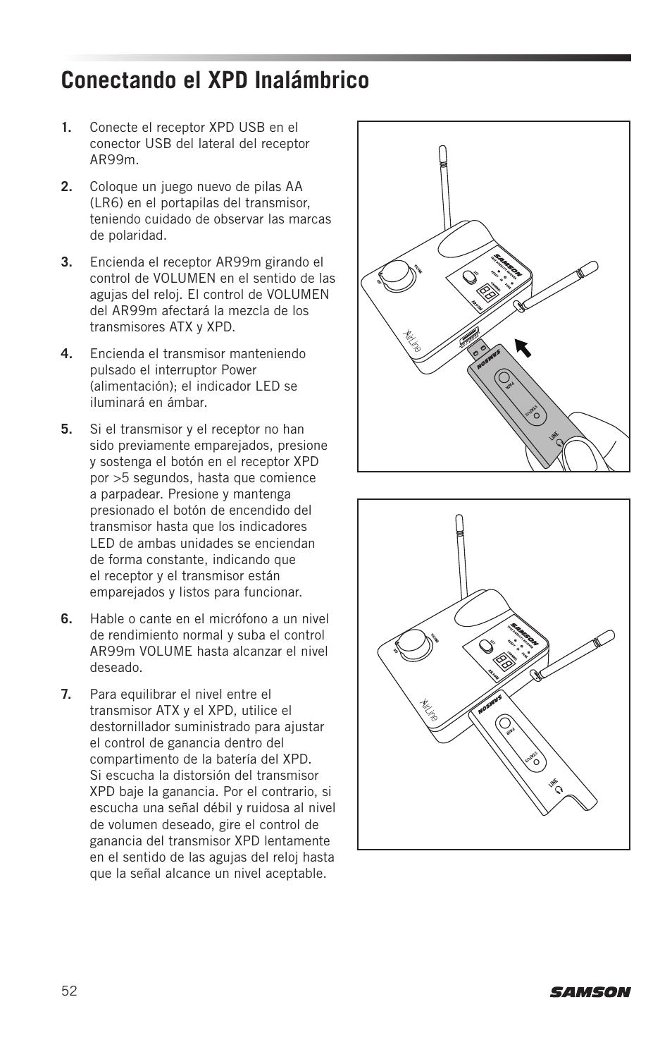 Conectando el xpd inalámbrico | Samson AirLine AWXm Micro UHF Wind Instrument Wireless System (D: 542 to 566 MHz) User Manual | Page 52 / 68