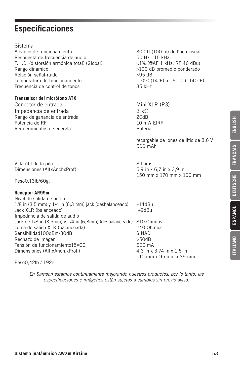 Especificaciones | Samson AirLine AWXm Micro UHF Wind Instrument Wireless System (D: 542 to 566 MHz) User Manual | Page 53 / 68