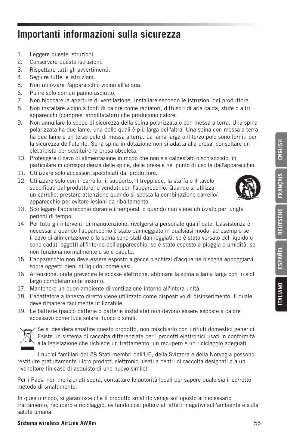 Importanti informazioni sulla sicurezza | Samson AirLine AWXm Micro UHF Wind Instrument Wireless System (D: 542 to 566 MHz) User Manual | Page 55 / 68