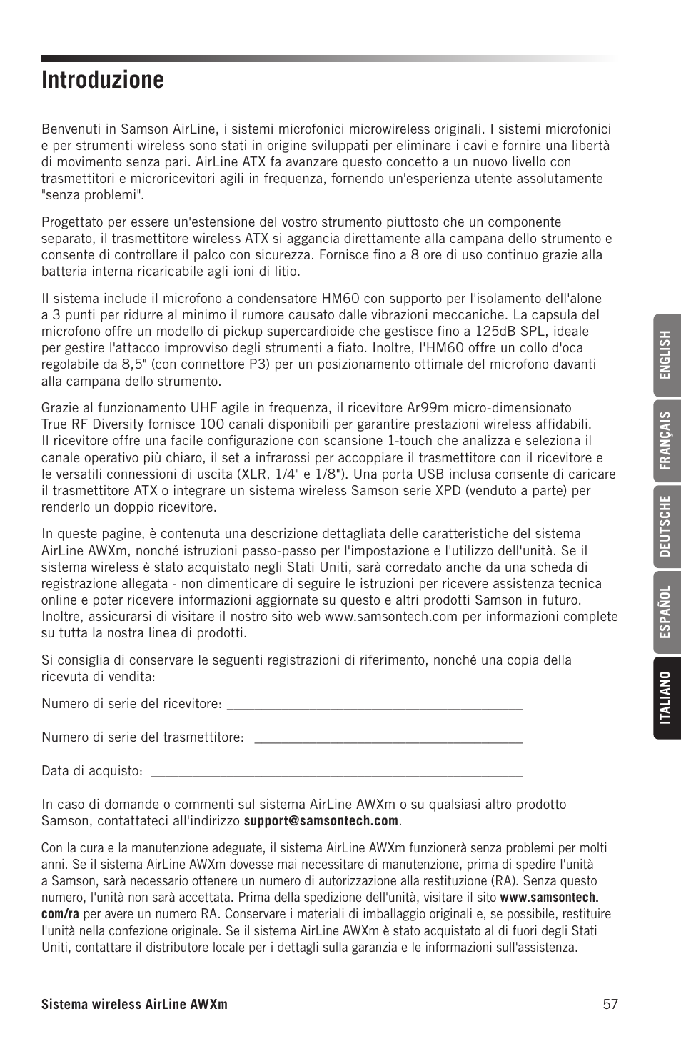 Introduzione | Samson AirLine AWXm Micro UHF Wind Instrument Wireless System (D: 542 to 566 MHz) User Manual | Page 57 / 68