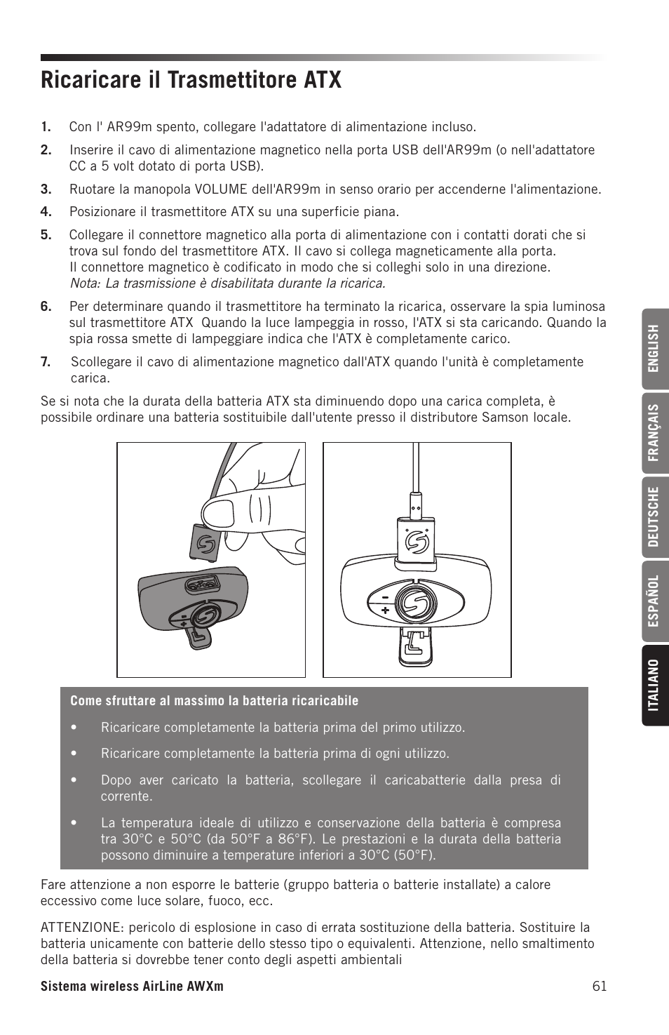 Ricaricare il trasmettitore atx | Samson AirLine AWXm Micro UHF Wind Instrument Wireless System (D: 542 to 566 MHz) User Manual | Page 61 / 68