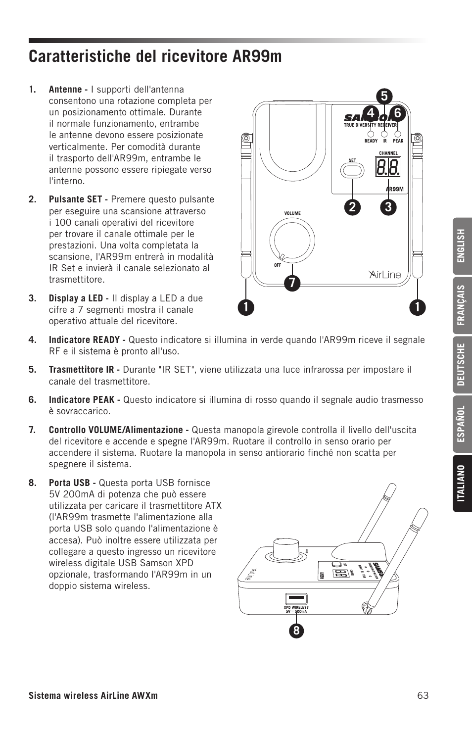 Caratteristiche del ricevitore ar99m | Samson AirLine AWXm Micro UHF Wind Instrument Wireless System (D: 542 to 566 MHz) User Manual | Page 63 / 68