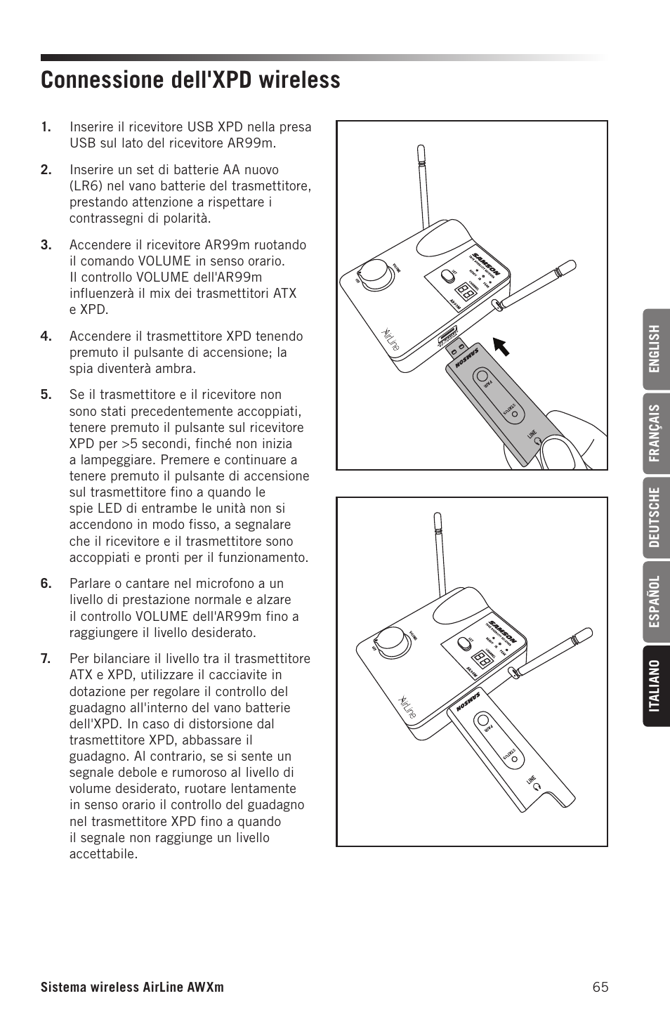 Connessione dell'xpd wireless | Samson AirLine AWXm Micro UHF Wind Instrument Wireless System (D: 542 to 566 MHz) User Manual | Page 65 / 68