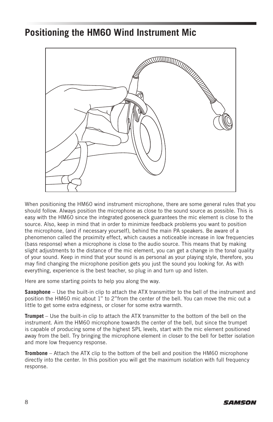 Positioning the hm60 wind instrument mic | Samson AirLine AWXm Micro UHF Wind Instrument Wireless System (D: 542 to 566 MHz) User Manual | Page 8 / 68