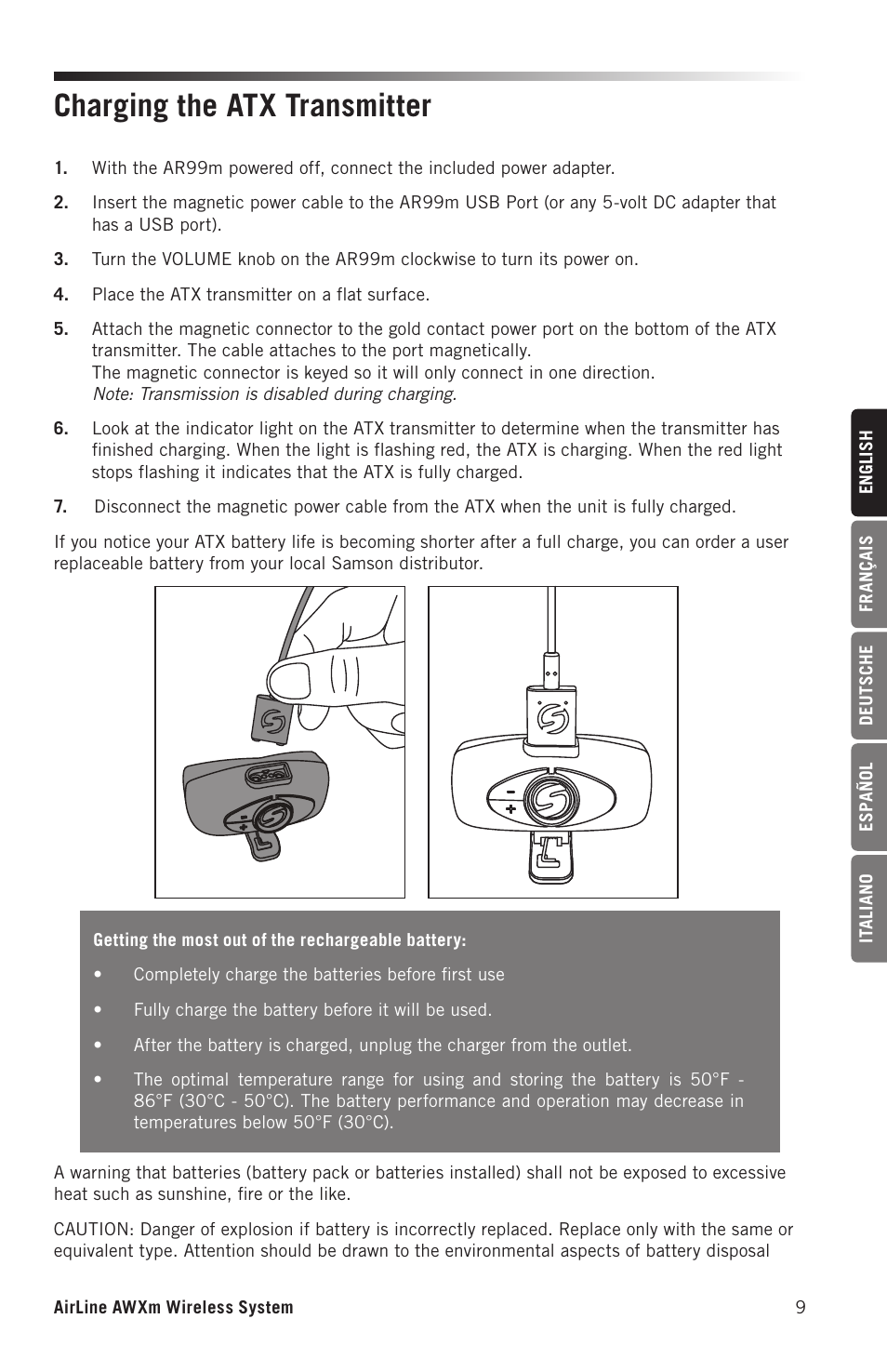 Charging the atx transmitter | Samson AirLine AWXm Micro UHF Wind Instrument Wireless System (D: 542 to 566 MHz) User Manual | Page 9 / 68