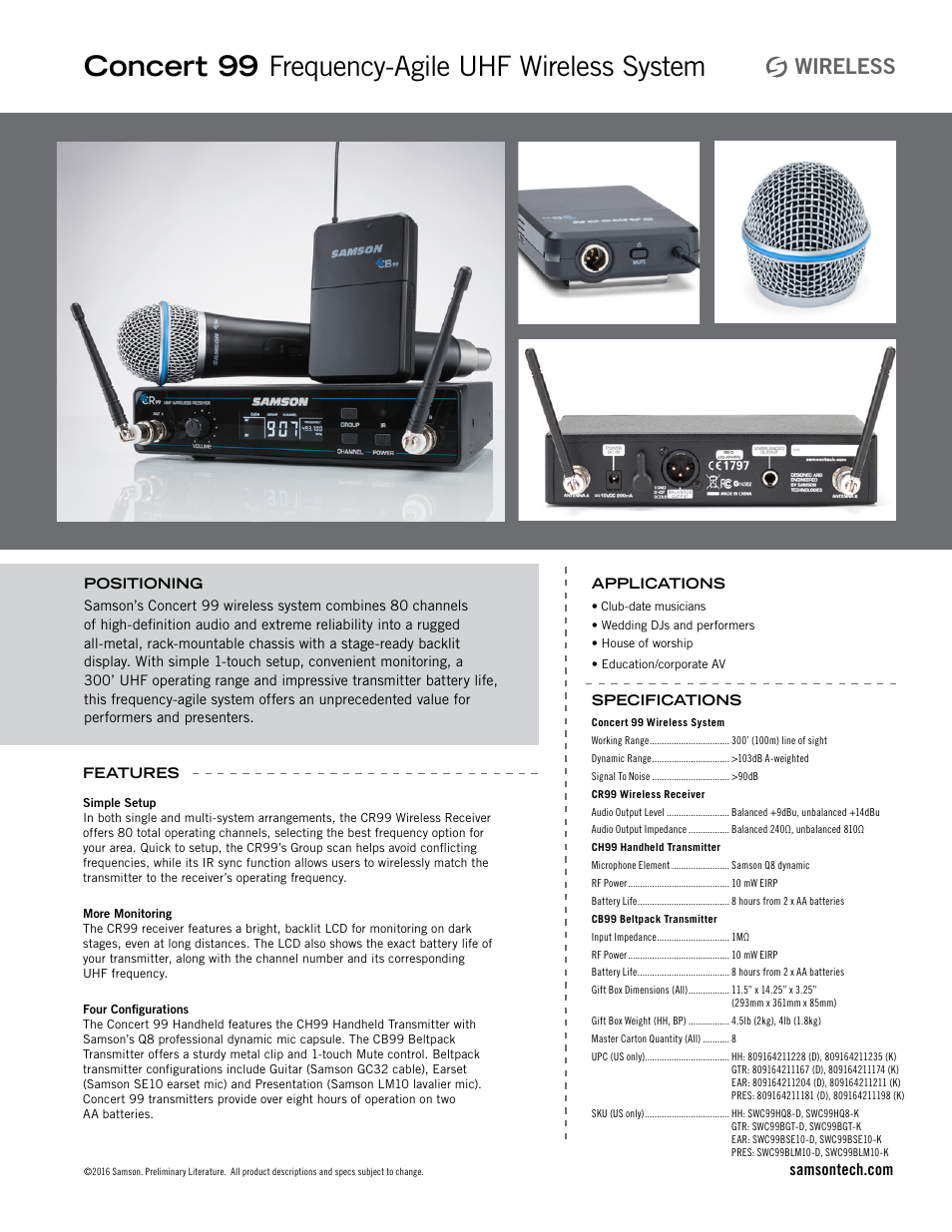 Samson Concert 99 Earset Frequency-Agile UHF Wireless System (D: 542-566 MHz) User Manual | 1 page