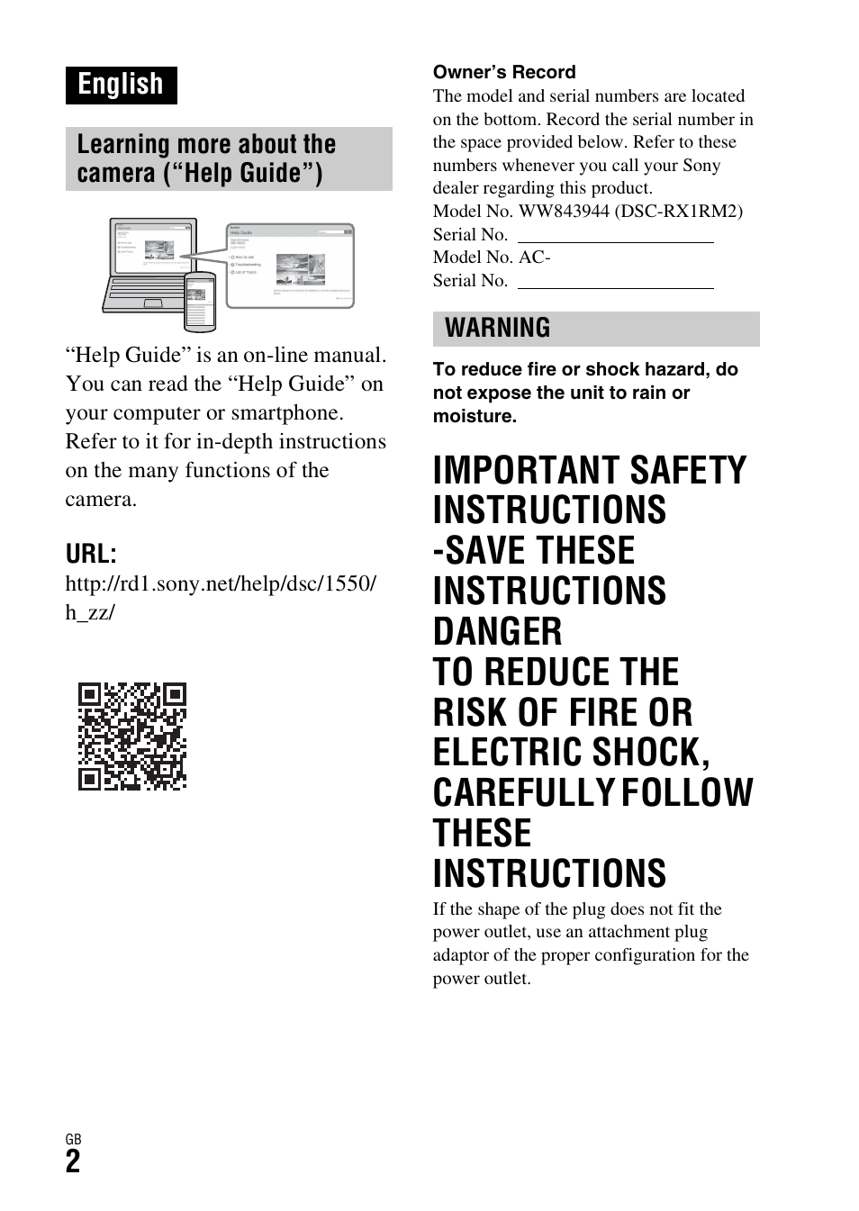 English | Sony Battery and Travel DC Charger Kit with NP-BX1 Battery User Manual | Page 2 / 92