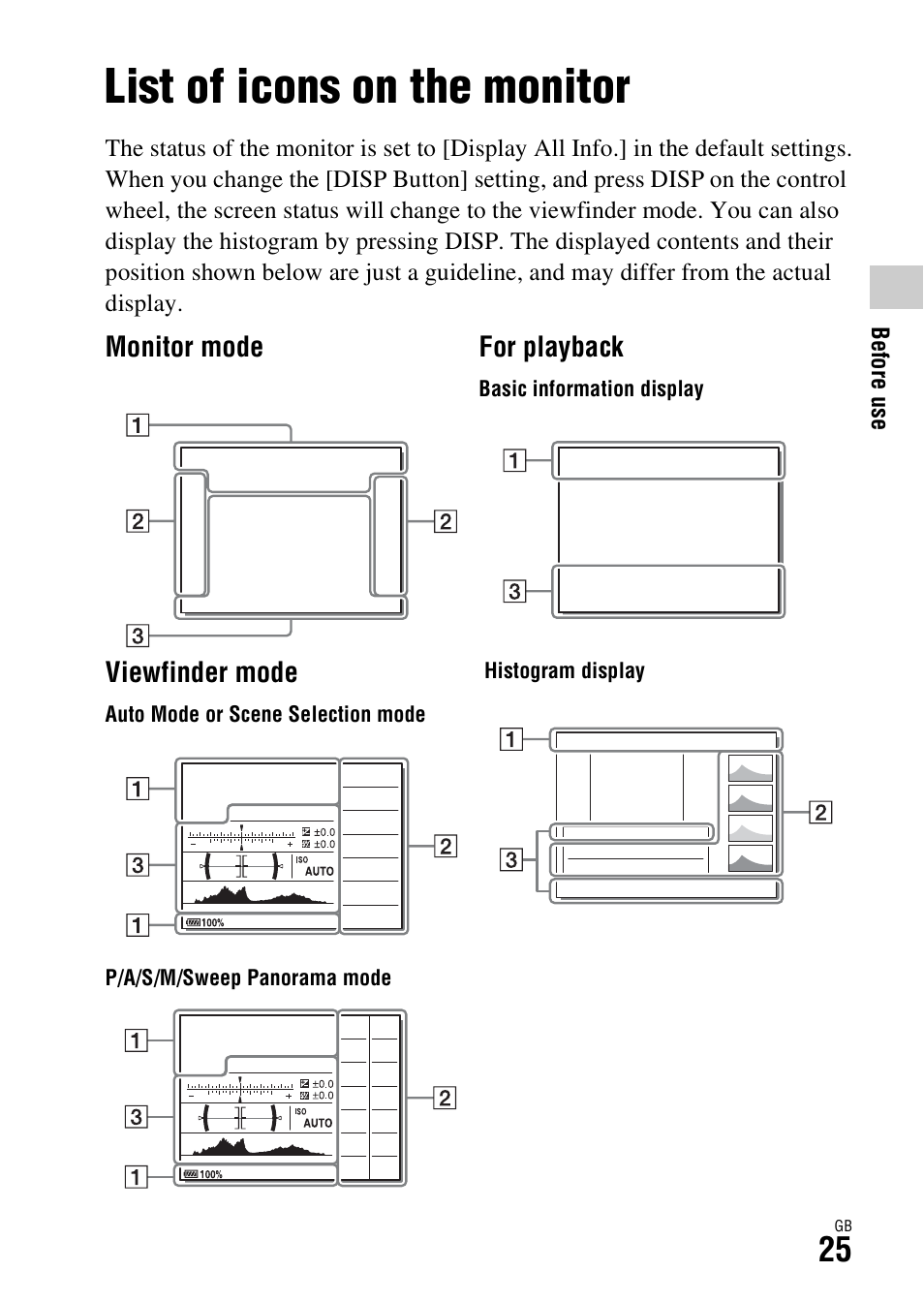 List of icons on the monitor | Sony Battery and Travel DC Charger Kit with NP-BX1 Battery User Manual | Page 25 / 92