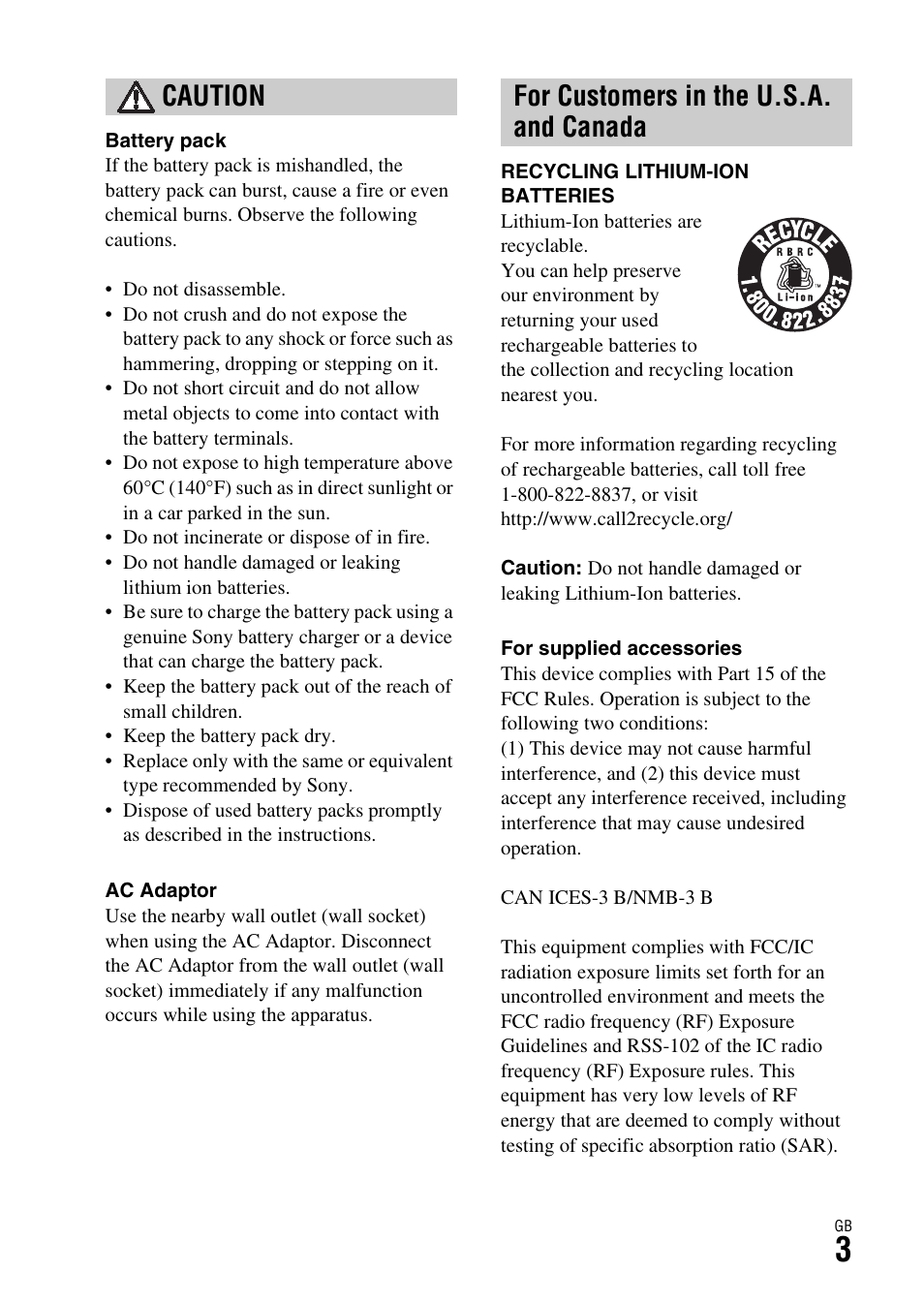 Caution for customers in the u.s.a. and canada | Sony Battery and Travel DC Charger Kit with NP-BX1 Battery User Manual | Page 3 / 92