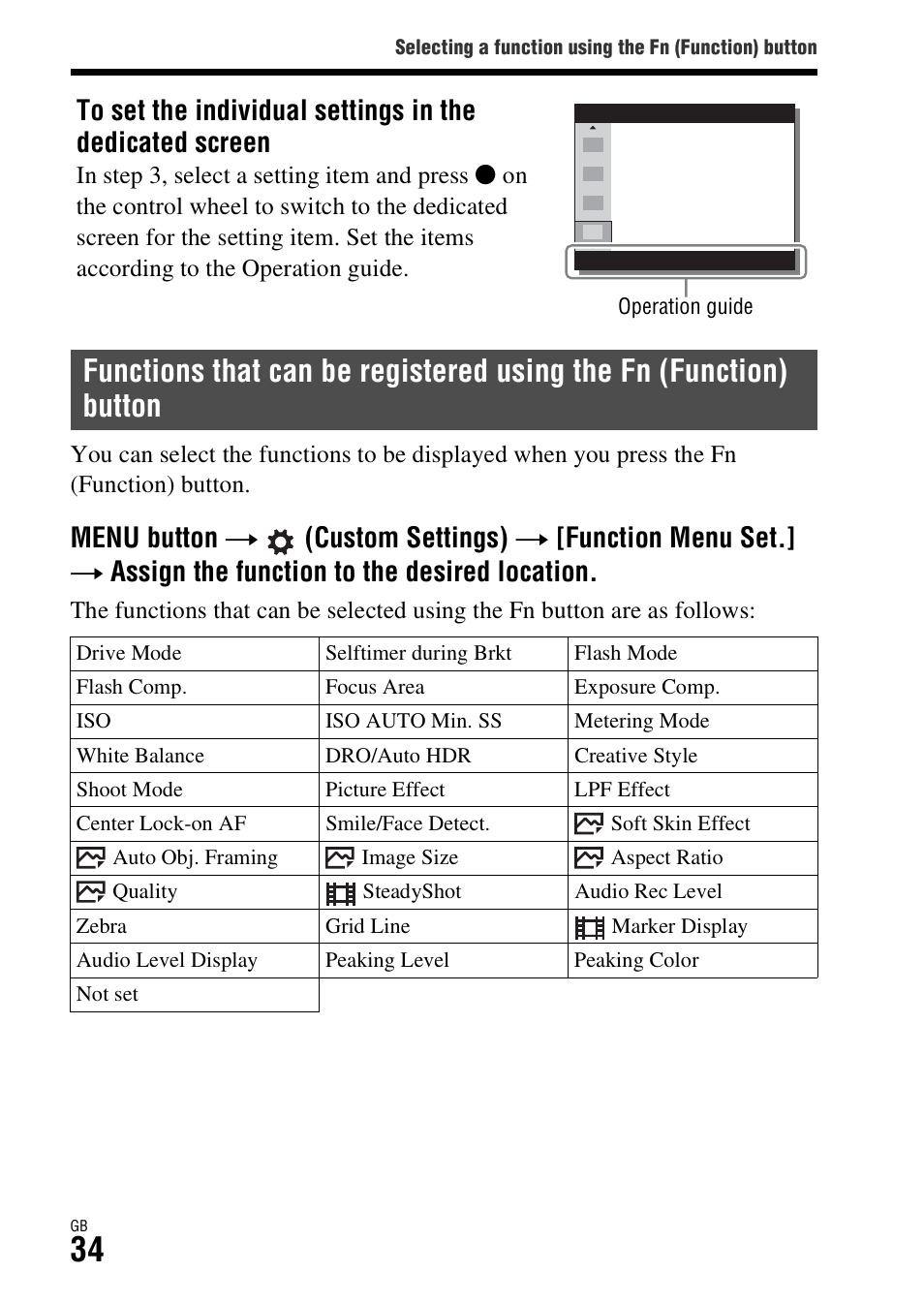 Functions that can be registered using the fn, Function) button | Sony Battery and Travel DC Charger Kit with NP-BX1 Battery User Manual | Page 34 / 92