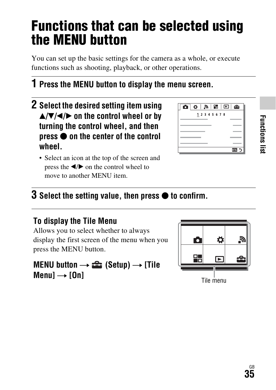 Functions that can be selected using the menu, Button, On (35) | Sony Battery and Travel DC Charger Kit with NP-BX1 Battery User Manual | Page 35 / 92