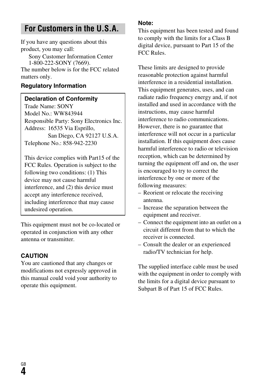 For customers in the u.s.a | Sony Battery and Travel DC Charger Kit with NP-BX1 Battery User Manual | Page 4 / 92