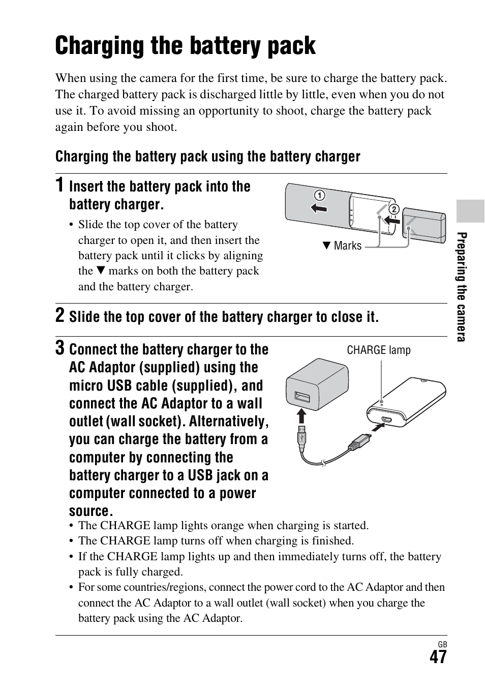 Preparing the camera, Charging the battery pack | Sony Battery and Travel DC Charger Kit with NP-BX1 Battery User Manual | Page 47 / 92