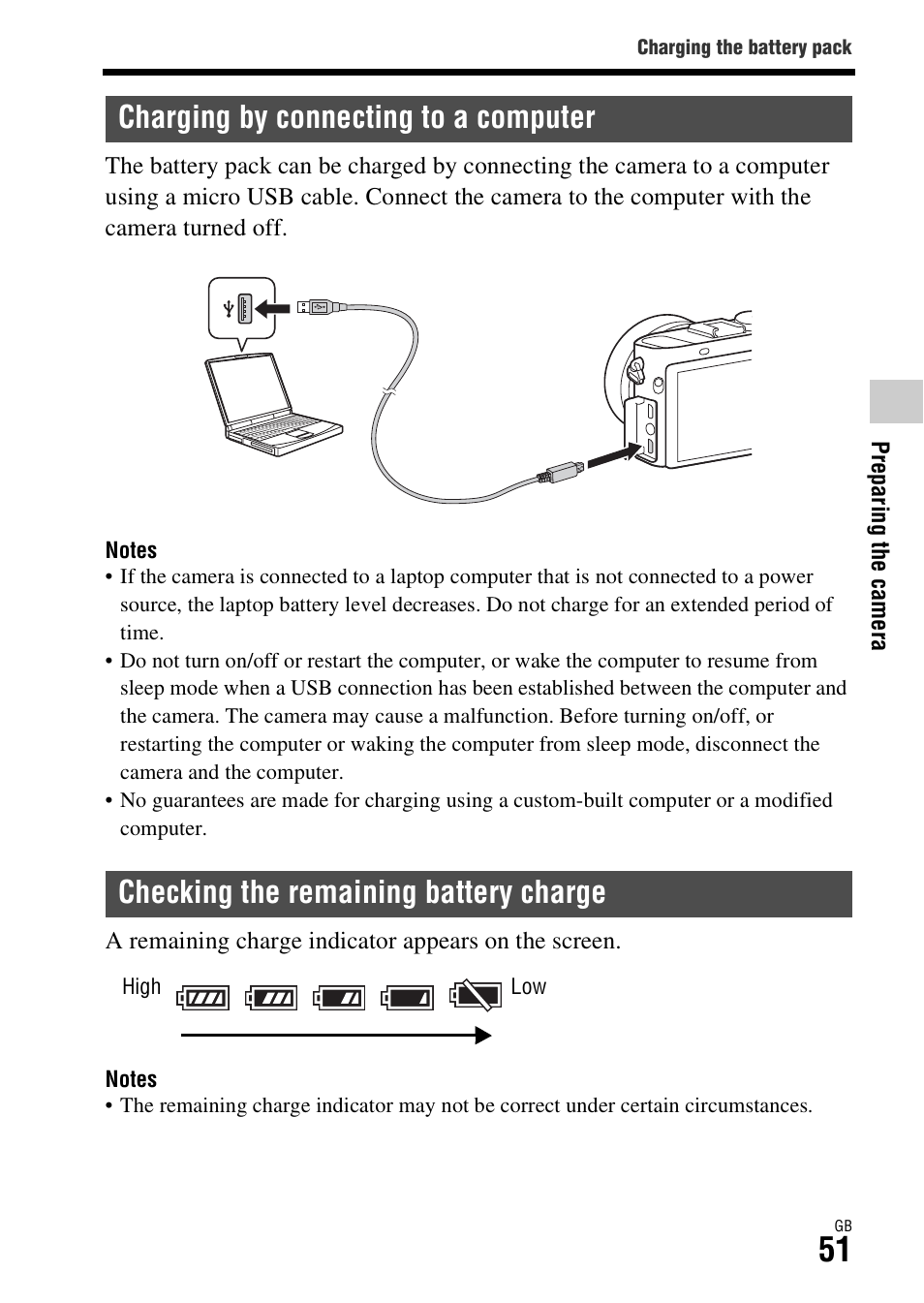 Charging by connecting to a computer, Checking the remaining battery charge, Y (51) | Sony Battery and Travel DC Charger Kit with NP-BX1 Battery User Manual | Page 51 / 92