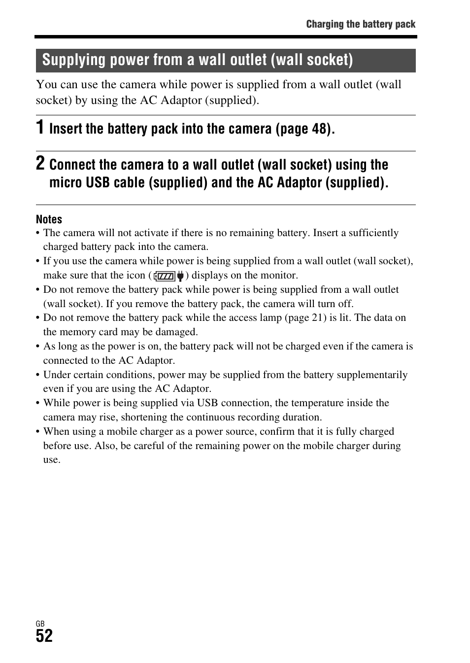 Supplying power from a wall outlet (wall socket), Ly (52), Insert the battery pack into the camera (page 48) | Sony Battery and Travel DC Charger Kit with NP-BX1 Battery User Manual | Page 52 / 92