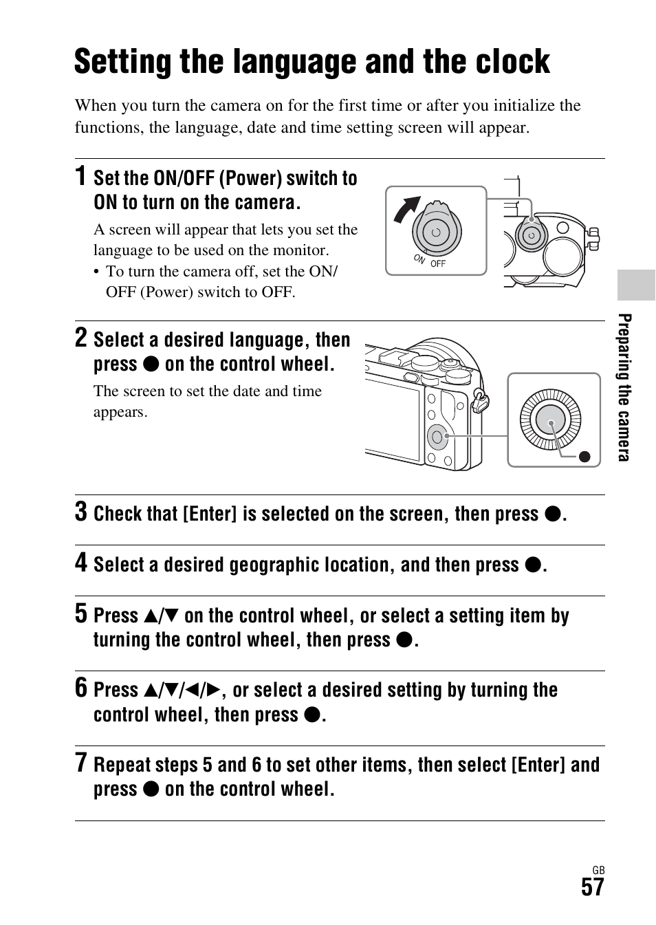 Setting the language and the clock | Sony Battery and Travel DC Charger Kit with NP-BX1 Battery User Manual | Page 57 / 92