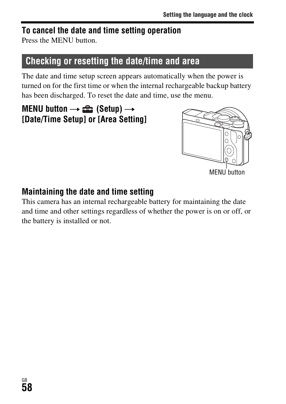 Checking or resetting the date/time and area | Sony Battery and Travel DC Charger Kit with NP-BX1 Battery User Manual | Page 58 / 92