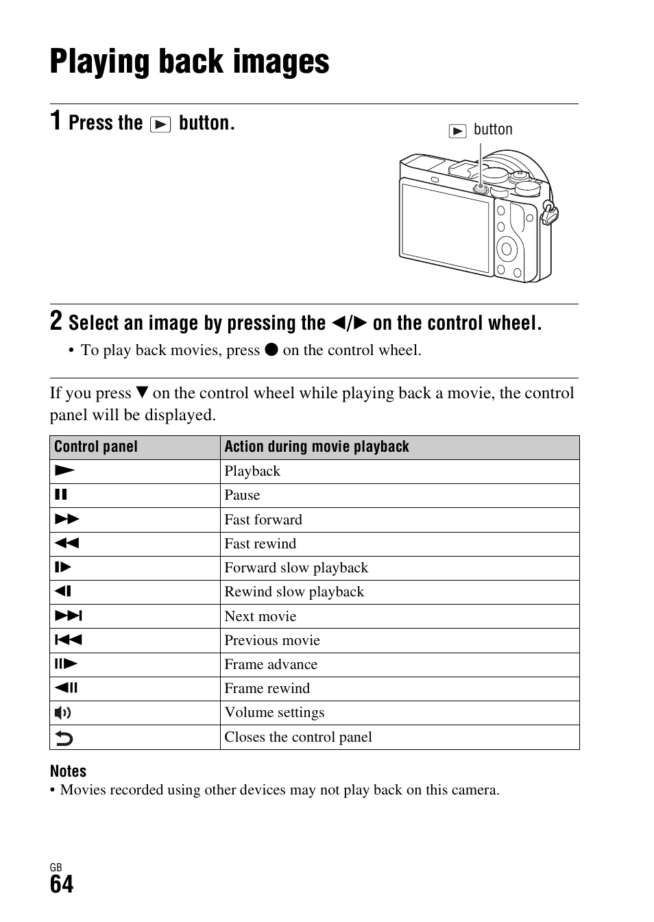 Playing back images, Press the button | Sony Battery and Travel DC Charger Kit with NP-BX1 Battery User Manual | Page 64 / 92