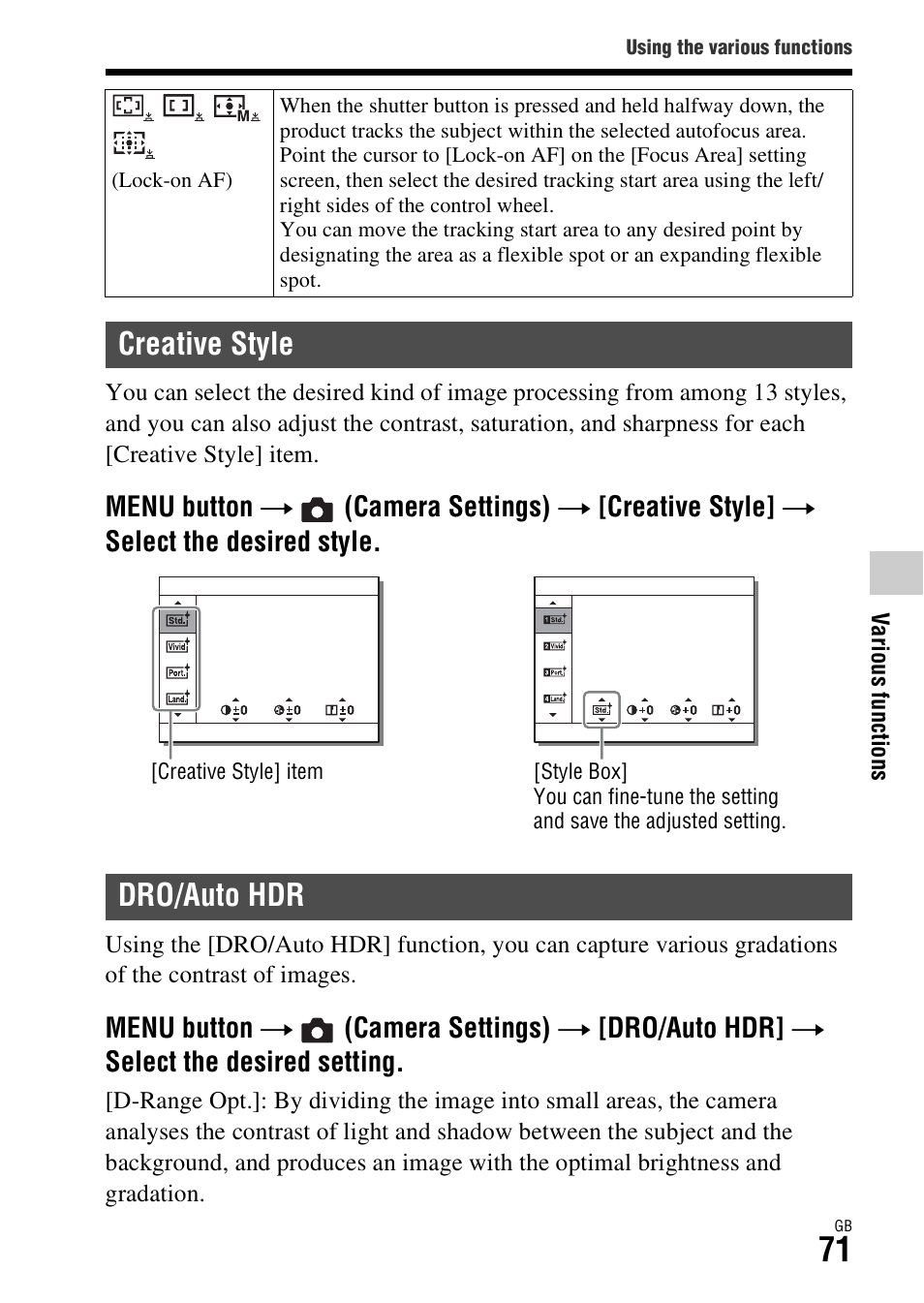 Creative style, Dro/auto hdr, Creative style dro/auto hdr | Yle (71) | Sony Battery and Travel DC Charger Kit with NP-BX1 Battery User Manual | Page 71 / 92